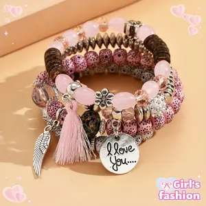 4pcs Bohemian Style Stacking Bracelets with Wings, Tassels & "I Love You" Charms, Assorted Beads, Ideal Gift for Teens And Family, Bracelet Charms