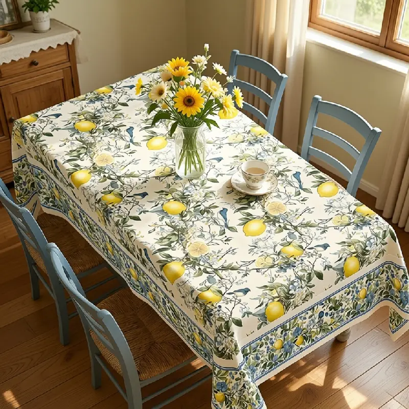 Lemon Floral Tablecloth, Cream Yellow and Green, Featuring Lemons and Flowers, Round, Rectangular and Oval Shapes for Dining Rooms, Parties and Outdoor Gatherings, polyester, washable, clearance sale