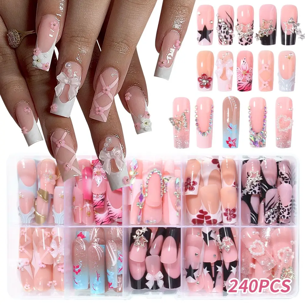 240 Medium Square Press-On Nails, 3D Gel Petal Design, Flower Nails, & French Tips, Pearl & Bead Accents, Perfect for Daily Use & Parties