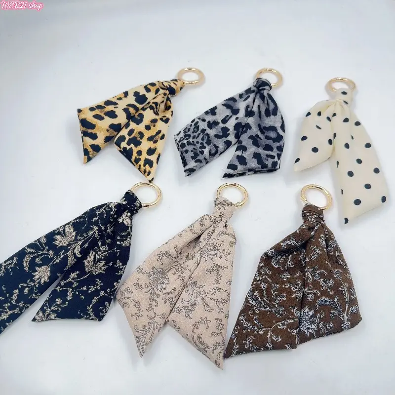 Casual Blue Flower Floral & Patterned Satin-Tied Bag Charm Keychains for Women, Purse or Keyring