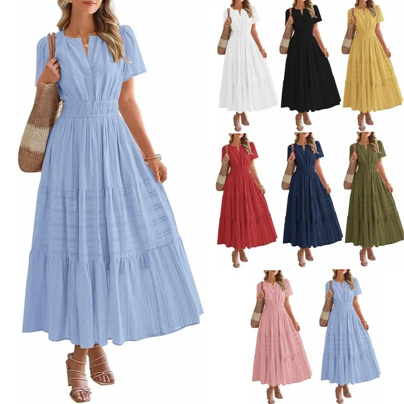 2026 European and American women's clothing popular V-neck pleated bubble sleeves large pendulum short-sleeved dress