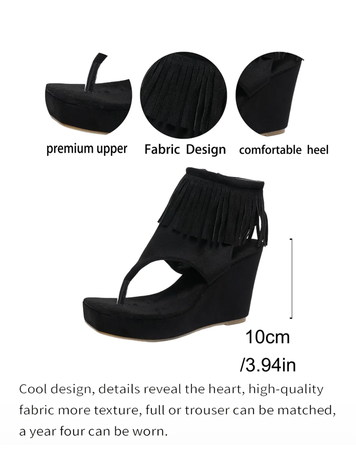 Fringe Ankle Thong Wedge Platform Boot Sandals, Suede Elevated Cutout High Heel Shoes, Western Boho Retro Style, Multiple Colors Available Including Leopard Print, All Match Footwear For Vacation Party Daily Outfit
