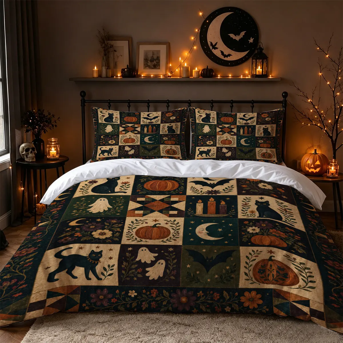 3Pcs Vintage Halloween Black Cat Pumpkin Ghost Bat Moon Patchwork Print Duvet Cover Set, Cottagecore Farmhouse Bedding with 1 Duvet Cover and 2 Pillowcases, No Comforter, Bedroom Decor for Adults, Apartments, Dorms and Guest Rooms