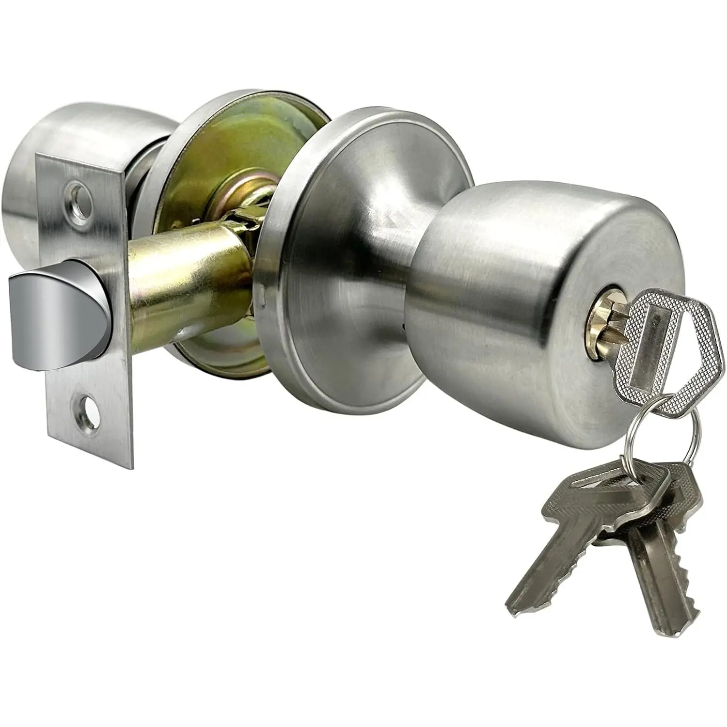 Door Knob with Lock and Keyed, Satin Nickel Round Ball Lock Interior/Exterior Door Knob for Bedroom Or Bathroom (Stainless) | Satin Nickel Round Ball Lock Interior/Exterior Door Knob for Bedroom Or Bathroom
