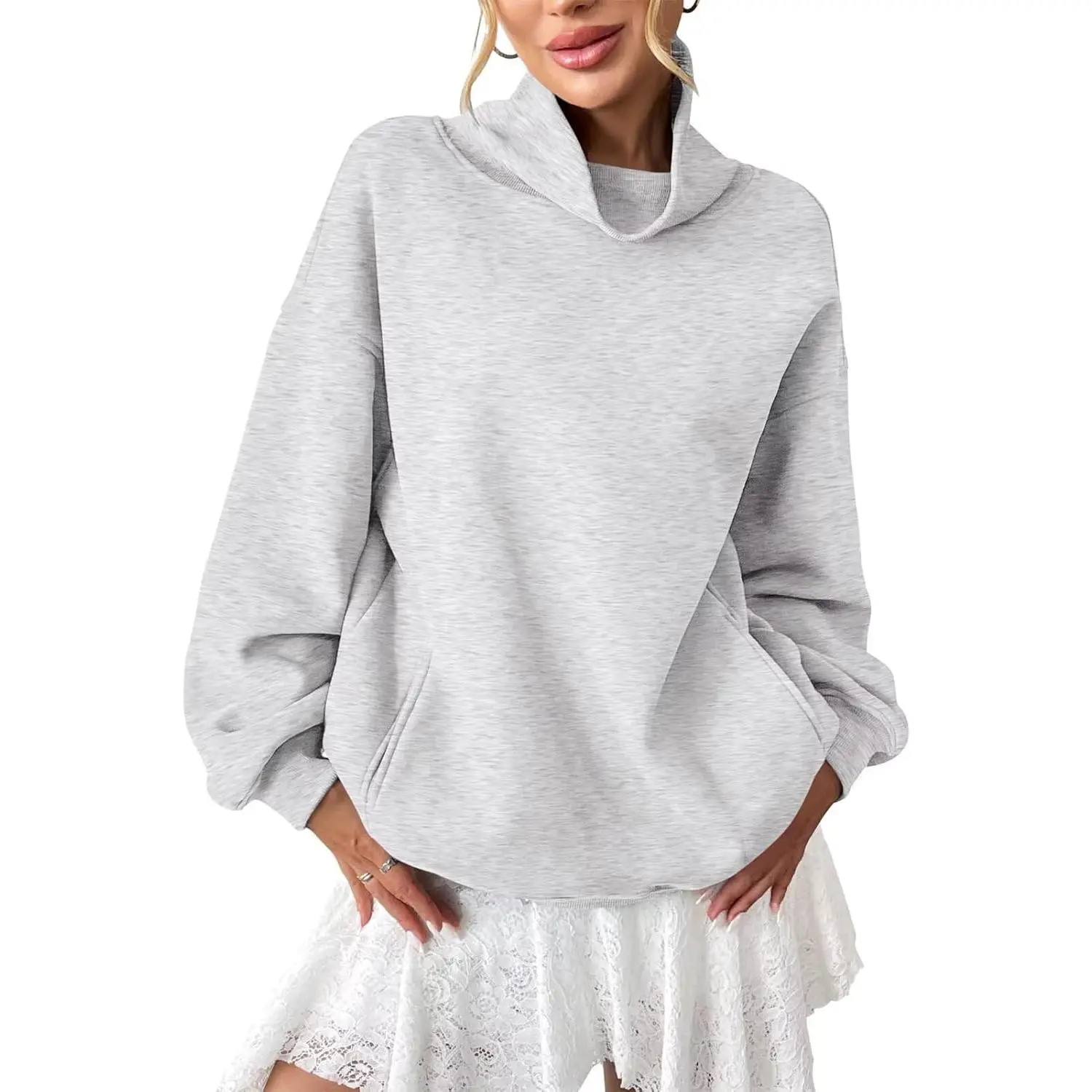 Women's Oversized Turtleneck Fleece Hoodie Sweatshirt - Longsleeves Pullover Clothes with Pockets, Polyester-Spandex Blend, Ribbed Stretchy Lightweight, Fall Athleisure Wear for Layering Outfits & Bottoms