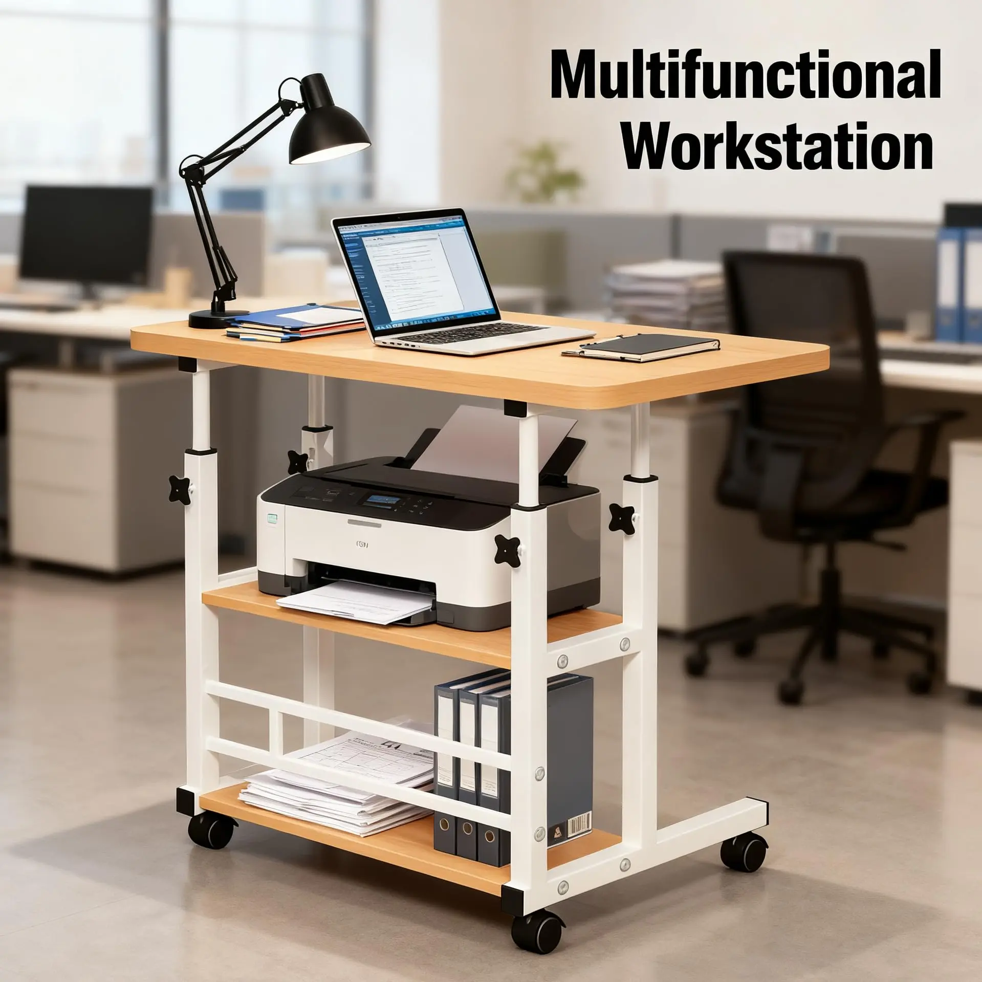 Portable Rolling Desk with Storage Shelves Adjustable Height Computer Desk Height Adjustable Standing Desk, 32" Mobile Standing Desk Manual Rolling Stand Up Desk with Wheels Small Portable Computer Desk Mobile Laptop Table