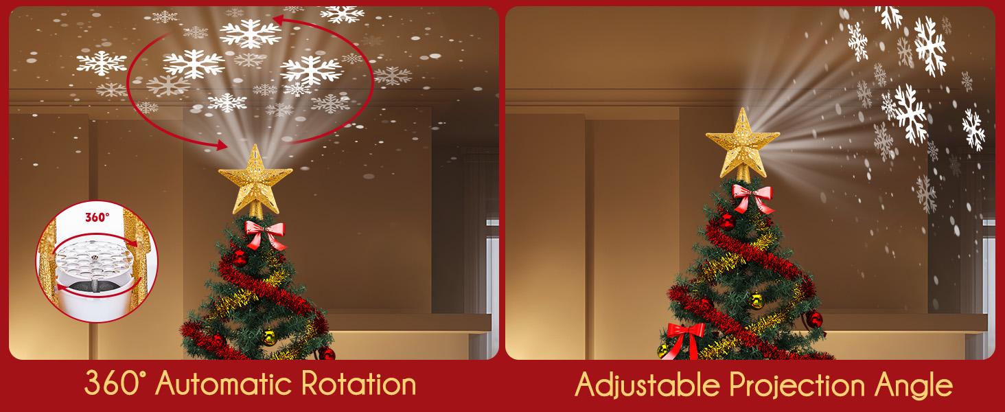 Christmas Star Tree Topper with Built-in Led Snowflake Projector Lights Hollowed Pentagram Tree Topper,Plug in Christmas Tree Ornament for Indoor Office Xmas New Year Holiday Tree Decoration