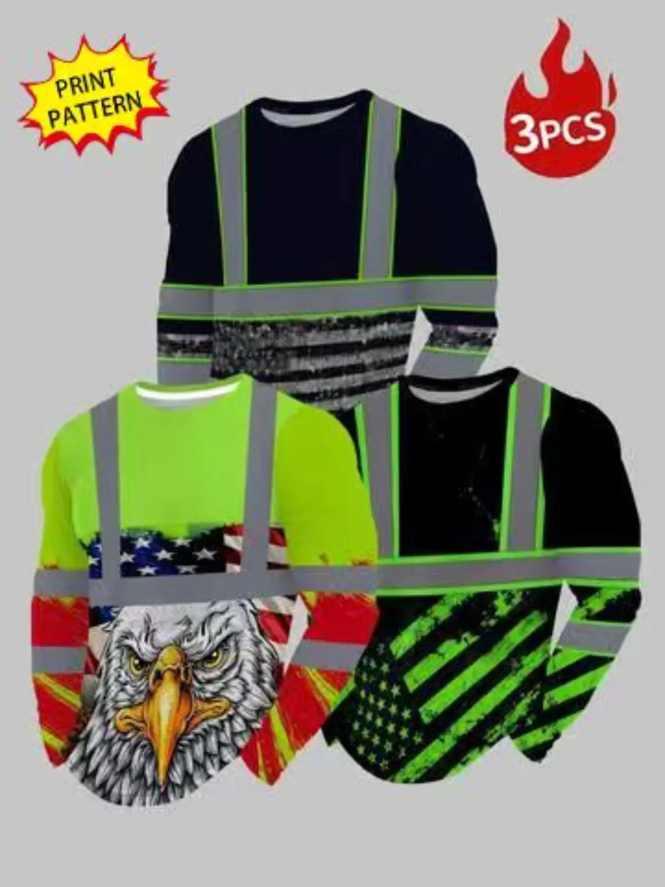 3-Piece Fluorescent Reflective Print Long Sleeve Set, Vintage Star Flag Eagle Design, Bold Workwear Style, All Seasons Casual Wear