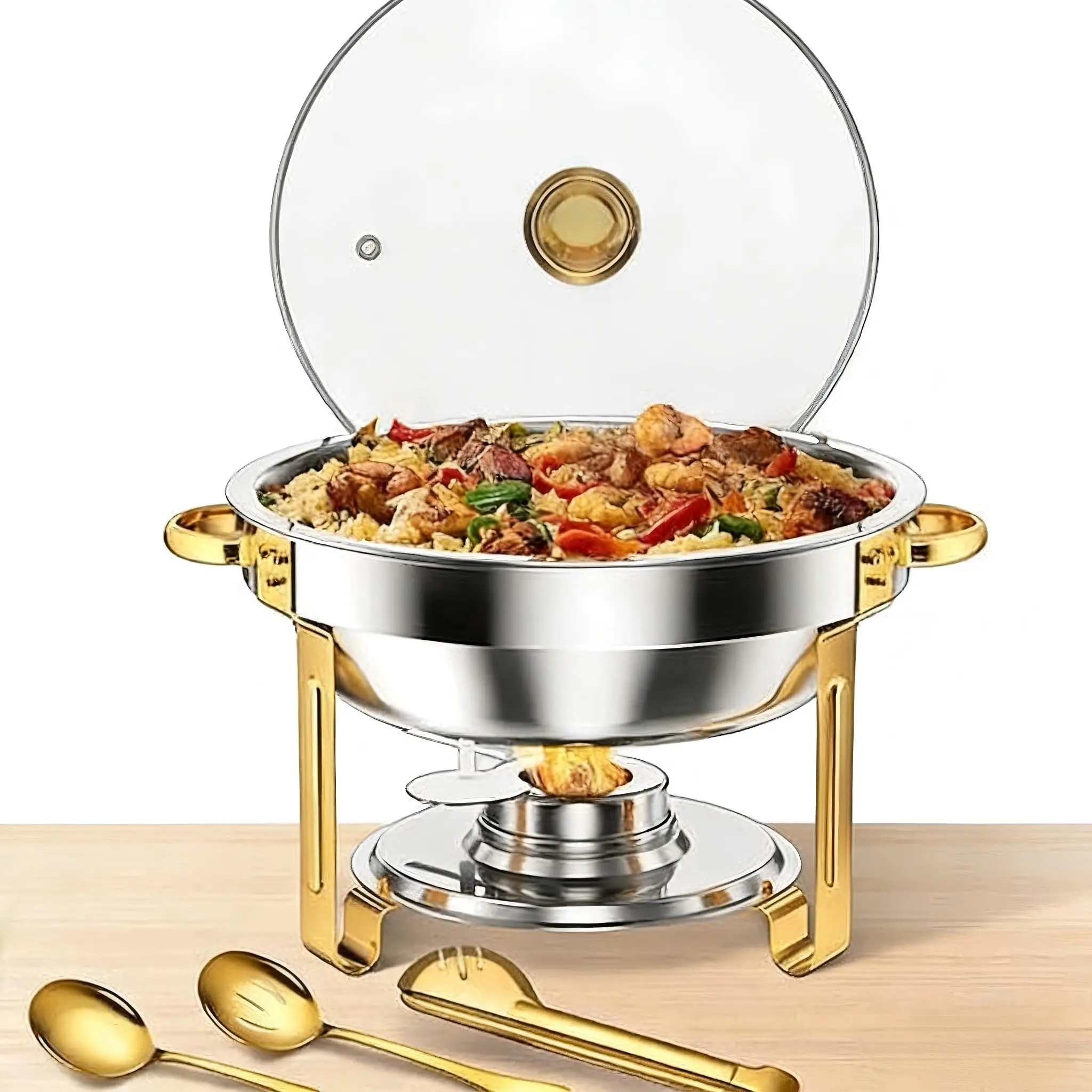 Garvee 5Qt Stainless Steel Round Chafing Dish Buffet Set, Available in 2 or 4 Packs, Featuring Tempered Glass Lids, Folding Stands, Fuel Holders, and Utensils – Perfect for Catering, Weddings, Parties, Banquets, and Buffet Events
