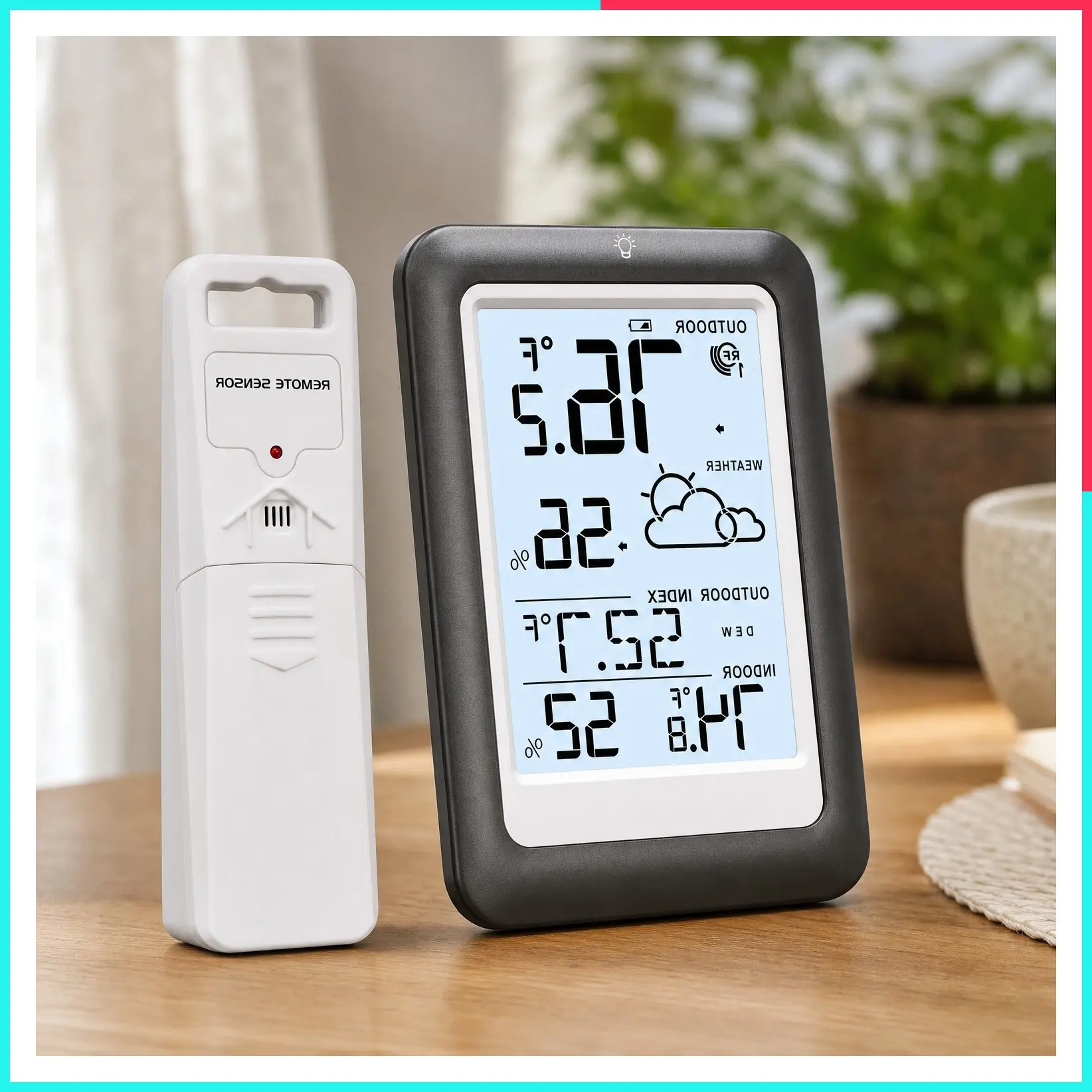 Indoor Outdoor Wireless Weather Station Thermometer with Temperature Humidity Monitor, Battery Powered, 330ft Remote Sensor, Backlight Display - Metal Black
