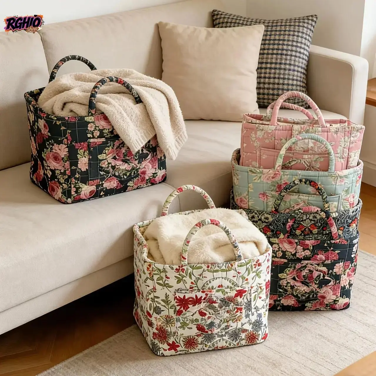 Floral Peony Pattern Retro Pink Quilted Storage Basket - Large, Portable, Sturdy Organizer Bin for Smart Wearable Devices, Electronics Supplies, Bedroom Tidying, Living Room Decor