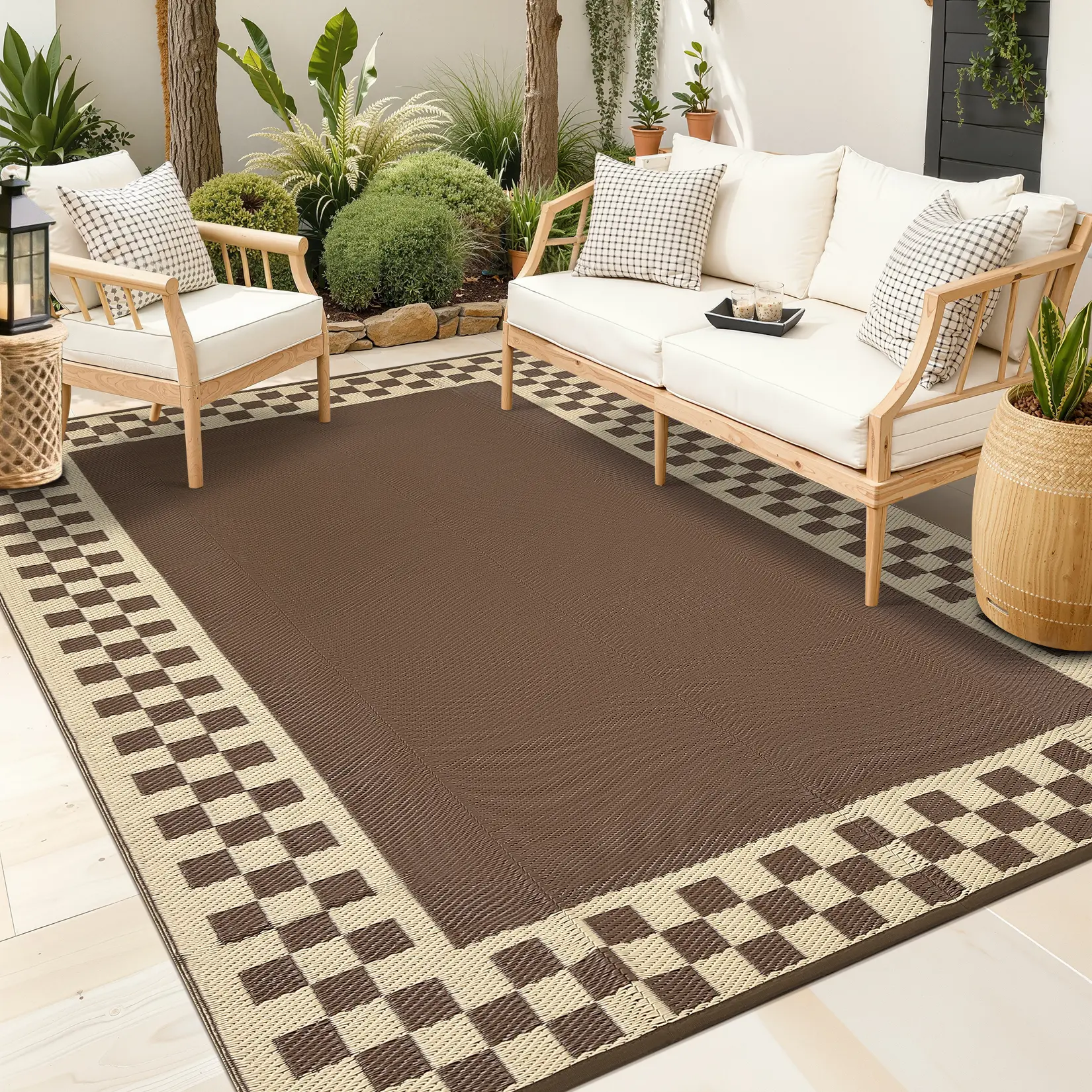 Reversible Waterproof Outdoor Rug - Modern Striped Checkerboard Plastic Mat, Easy Clean, Portable, Dustproof, Fade Resistant - Garden/Patio Rug - Brown Coffee/Peony Brown - 8'x10' (USA Spec), Plastic Straws, Stripes/Checkerboard