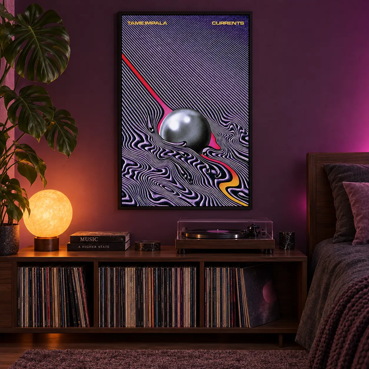 Psychedelic Music Wall Art, Purple Wavy Optical Illusion Abstract Poster for Bedroom, Music Room, Dorm or Studio Decor