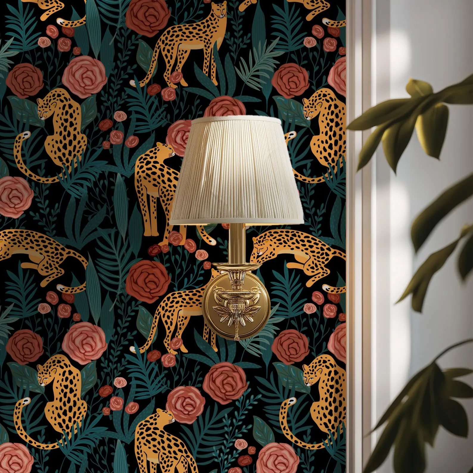 Rose and Leopard Wallpaper Roll, Self-Adhesive Waterproof Removable Wall Decal, Easy Install for Bedroom, Living Room, Desk, Cabinet