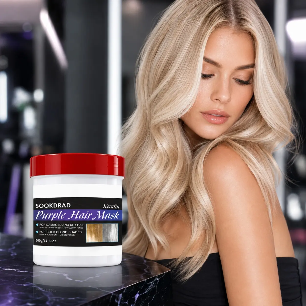 Keratin Purple Hair Mask, Nourishing Hair Mask, hydrates dry damaged hair, removes brassiness, eliminates yellow tones, deep moisturizing, for cold blond shades, 500g
