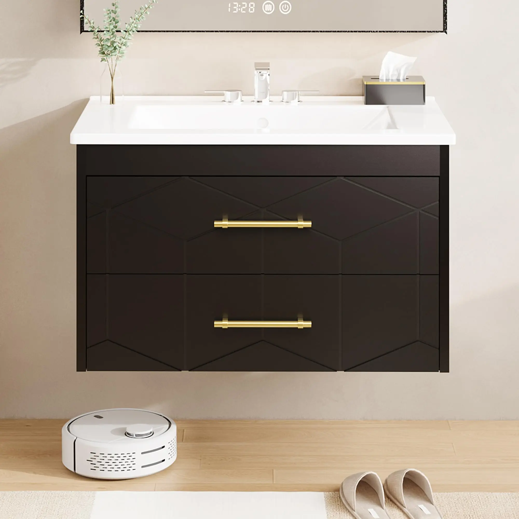 Floating Bathroom Vanity w/ Sink – 24/30/36 inch – Modern Bathroom Sink Cabinet – Ceramic Vanity Top – 2 Large Storage Drawers with Gold Metal Handle – Easy to Assemble