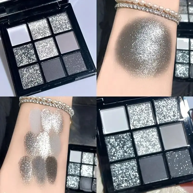 Black Swan 9-Color Eyeshadow Palette Mesmerizing Glitter Glam,Dramatic Smoky Punk Effects,Hues in Light Gray&Dark Silver Makeup