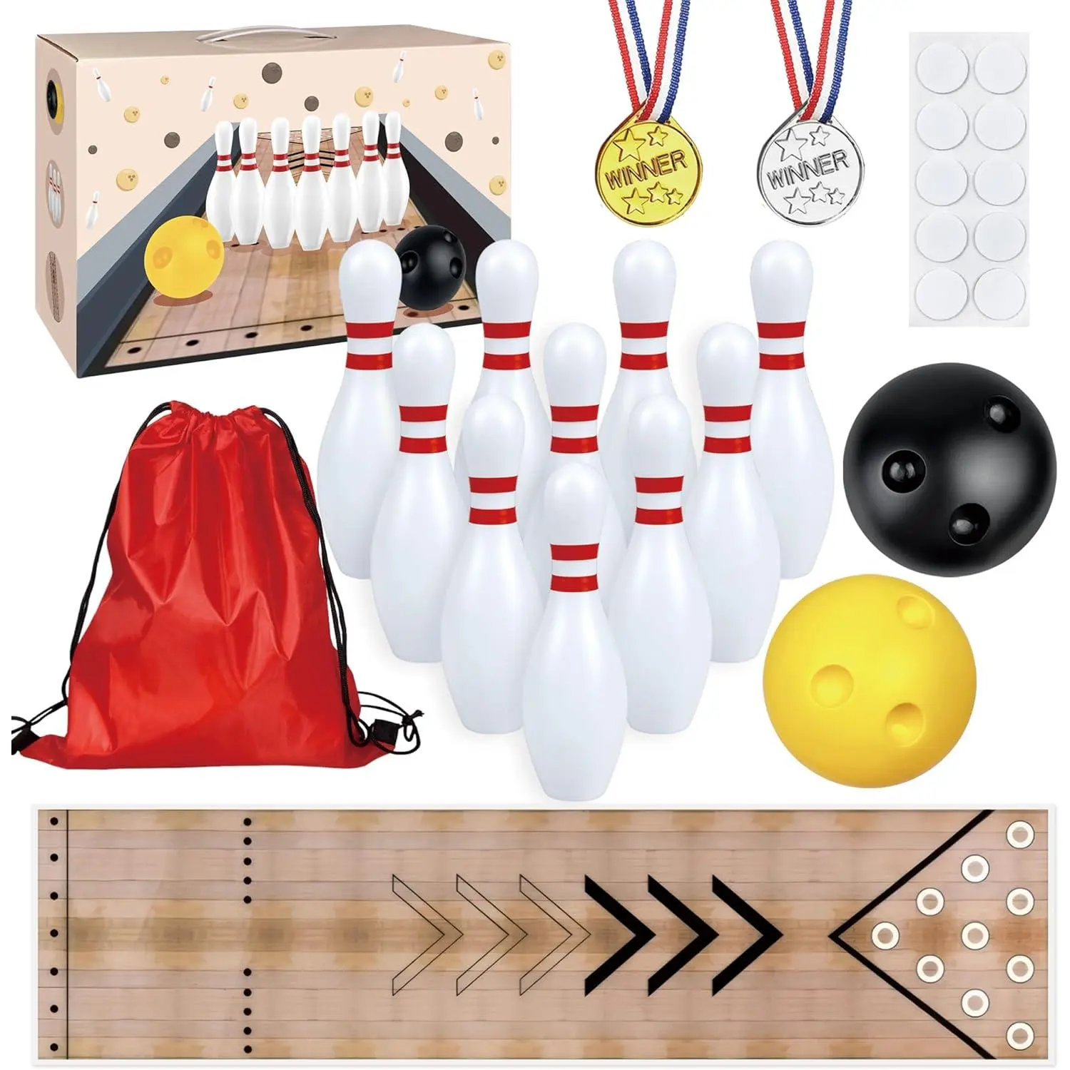 Mini Bowling Set Indoor Outdoor with Guide Arrow Mat, Gold and Silver Medal, Backpack Dispensing, Suitable for Family Friends Party Entertainmentfidget toys