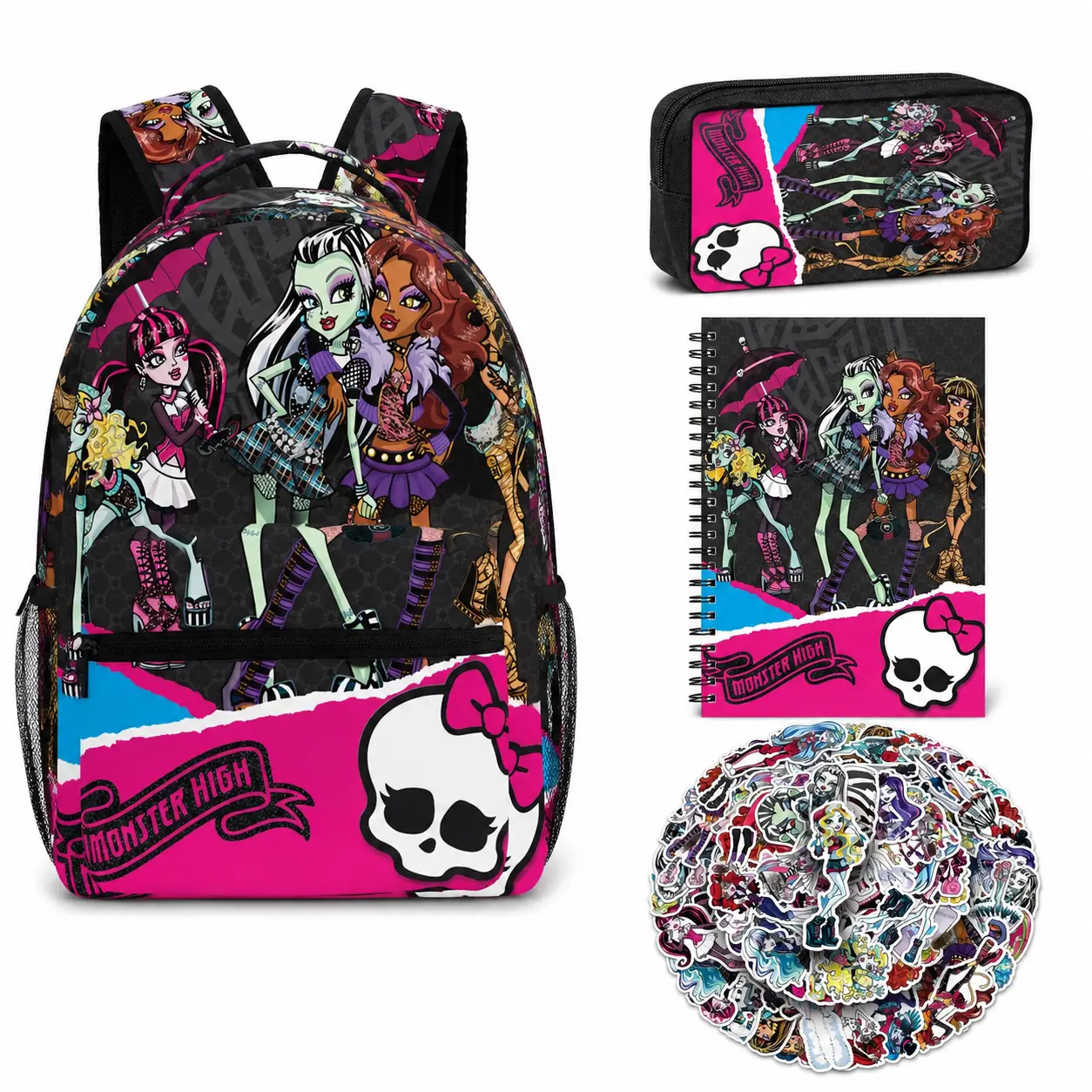 Monster High Backpack Kids School Backpack Sets for Girls Boys Teens,Kawaii School BoobBag with 1 Pecnil Box, 1 Notebook and 50pcs stickers,Cute Book Bag School Suppluies Sets for Girls Elementary Middle School Teens