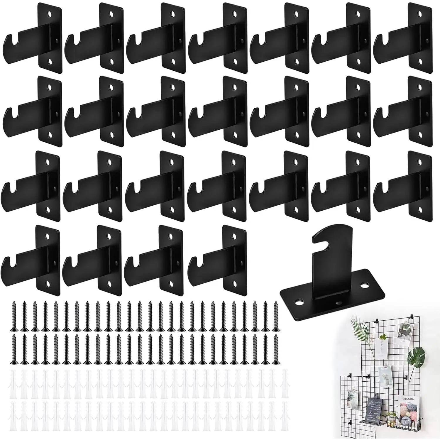 26 Pcs Black Gridwall Mount Brackets, Wire Wall Grid Panel Display Hooks with Screws and Wall Expansion Bolt, Gridwall Accessories for Retail Displays, Home, Shop, Garages, Office Wall Organization
