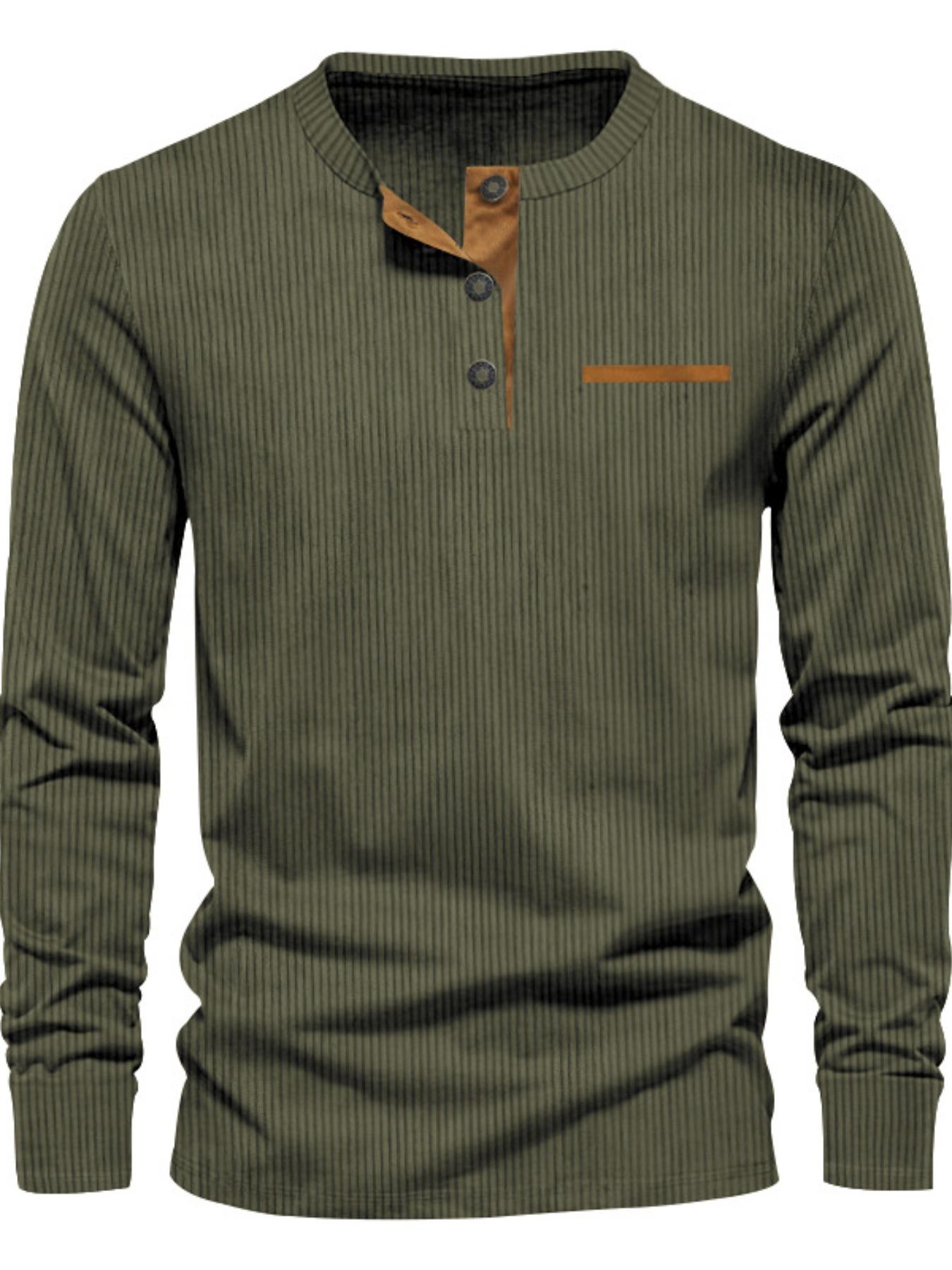 Men's Regular Fit Patchwork Print Half Button Thermal Lined Henry Collar Shirt, Casual Retro Long Sleeve Top for Spring & Fall, Fashion Men's Clothes for Daily Wear, Army Green