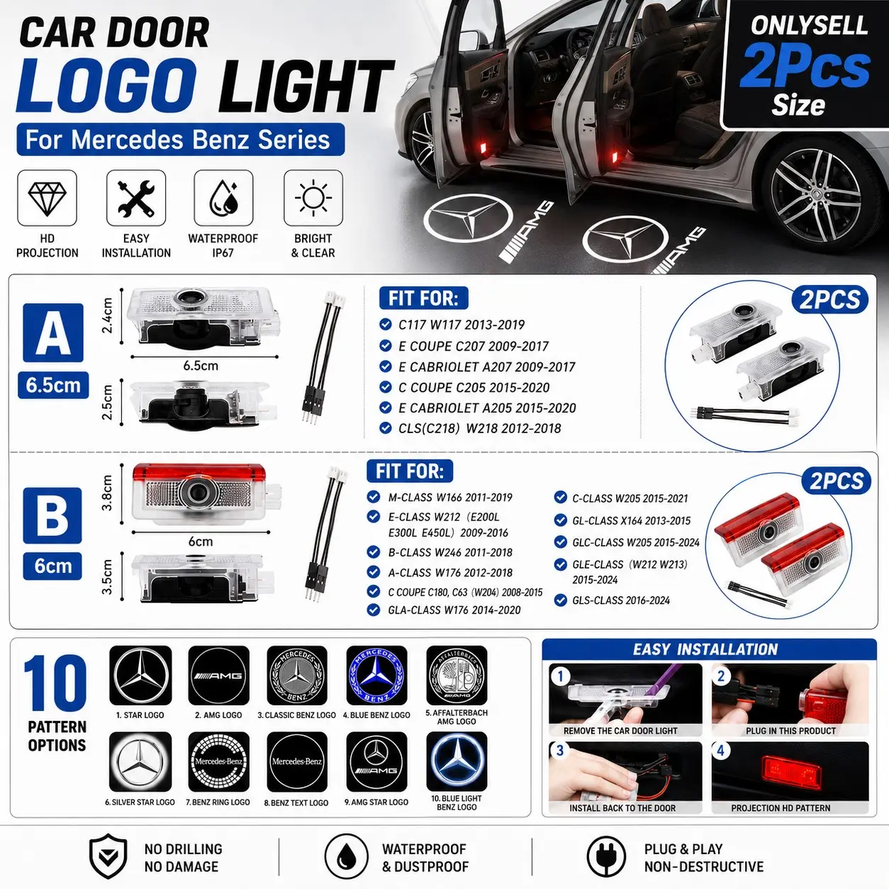 2PCS Car Door Logo Projector Lights for Mercedes Benz LED Welcome Courtesy Ghost Shadow Light Plug and Play Waterproof HD Projection Lamp for C Class E Class GLC GLE GLS CLA CLS AMG Accessories Easy Installation