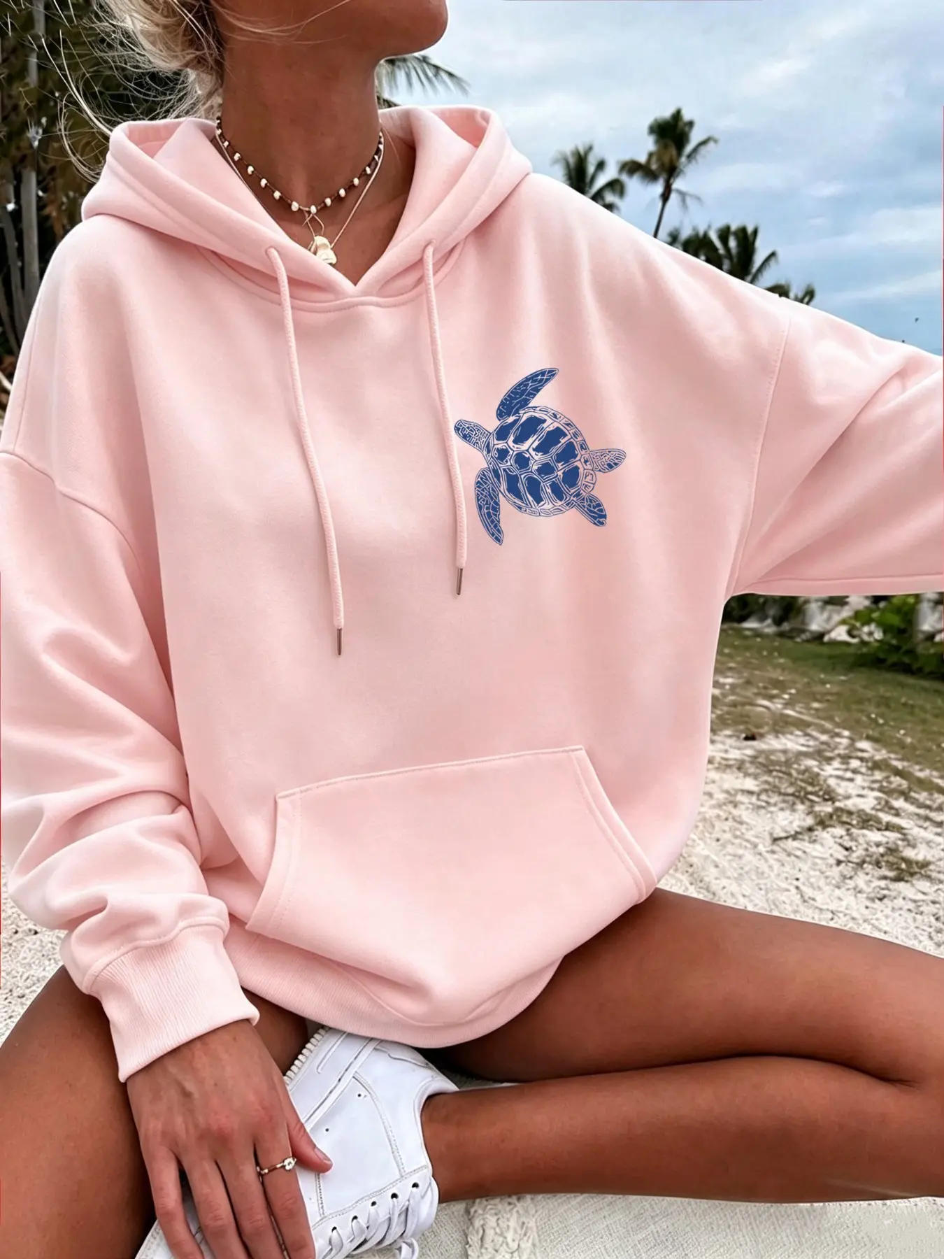 Women's Turtle Print Sweatshirt, Casual Loose-Fit Long Sleeves Hoodie for Fall & Winter, Beach Style Graphic Top, Bohemian Coastal Fashion