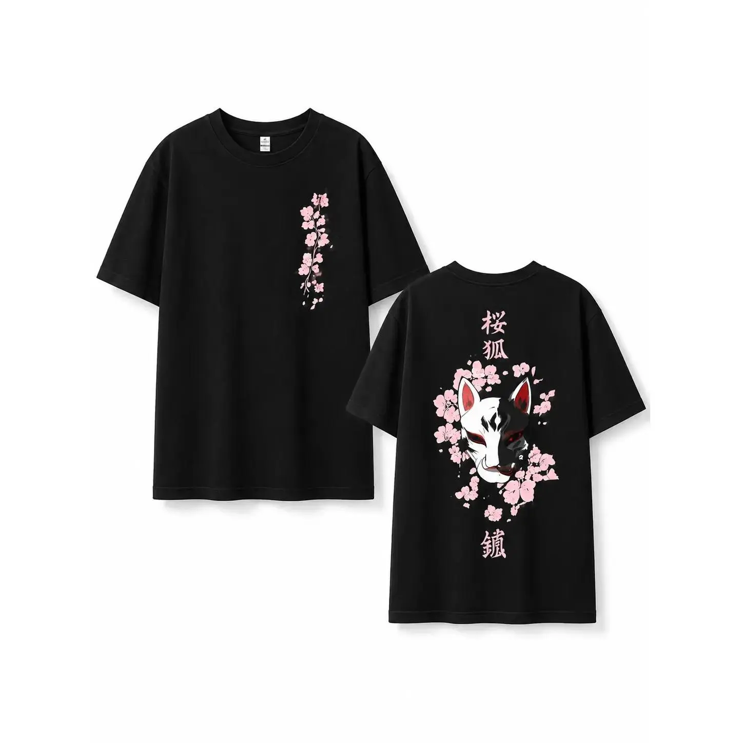 🦊 🌸 Men's Vintage  Aesthetic Sakura Kitsune Fox Tshirt, Dual-Sided Cherry Blossom Fox Mask Graphic, Soft Relaxed Loose-Cut Short-Sleeved Top, Streetwear Vibe Unisex Tee for School, Casual Hangouts, Shortsleeve, Cotton   cotton tee shirt