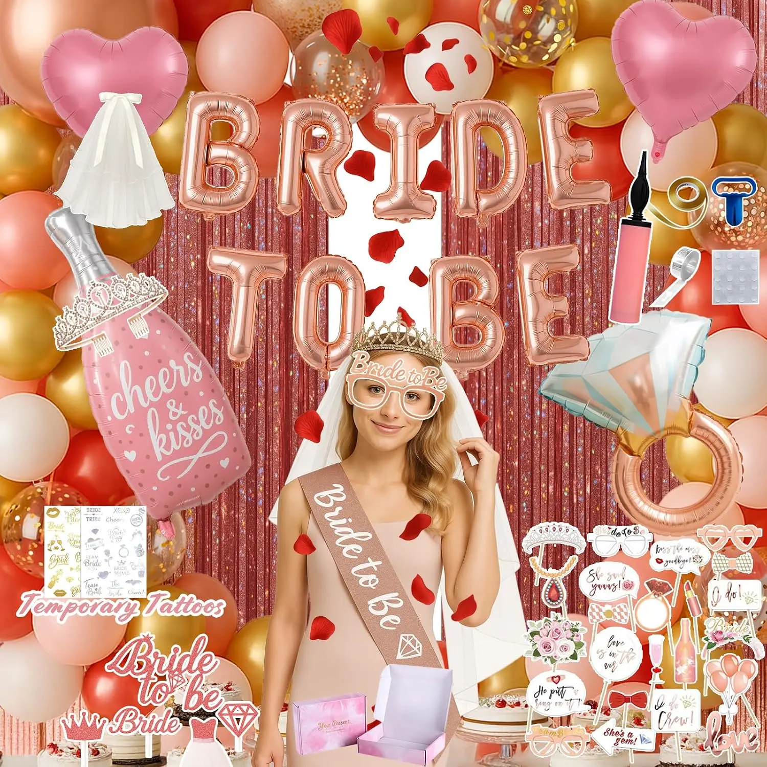 168 count Bridal Shower Decorations Kit – Rose  Bachelorette Party Supplies with Bride To Be Foil Balloon,  Sash, Veil, Crown, Balloons, Props, Fringe Curtains, Tattoos, Cake Toppers