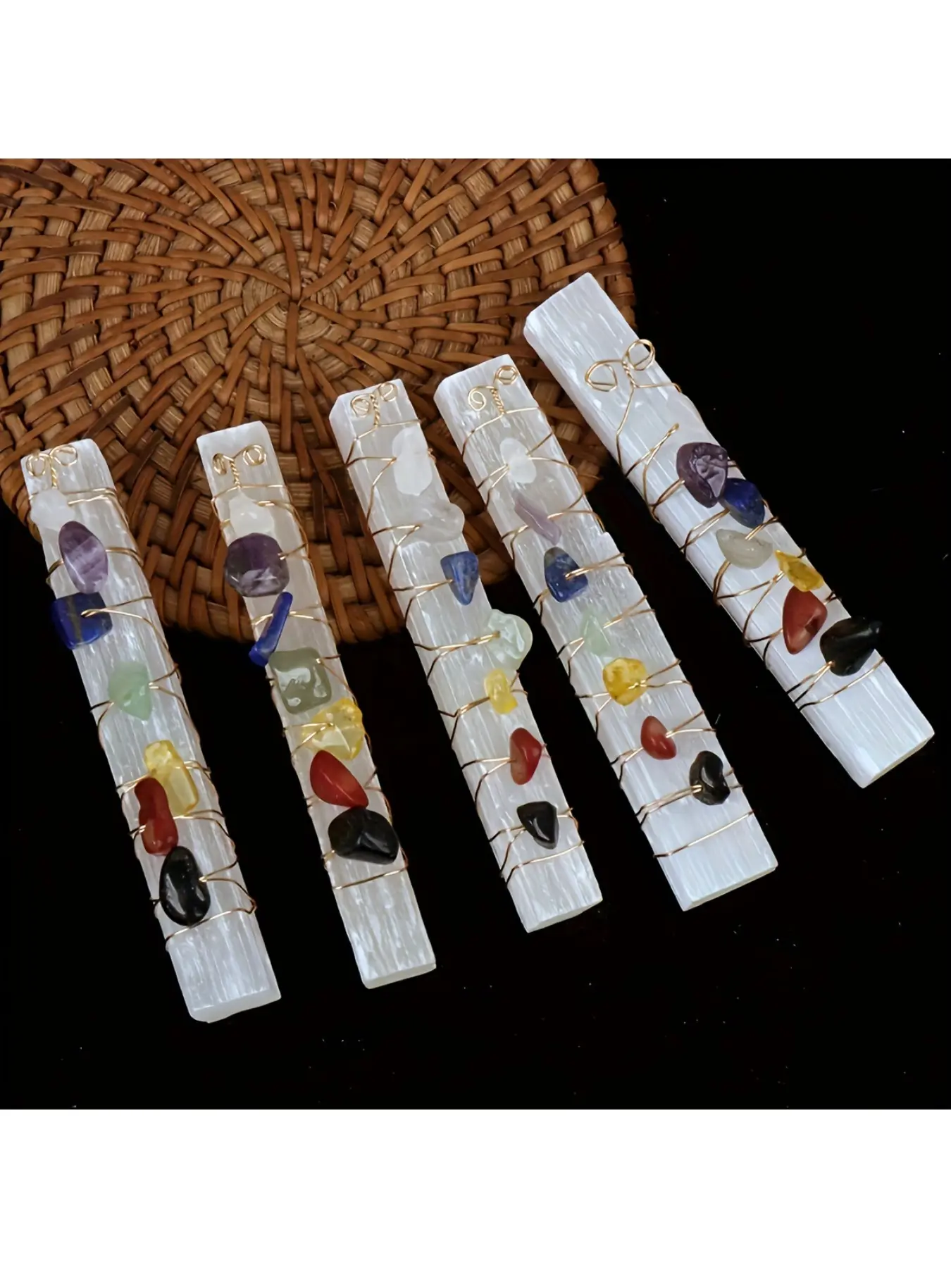 5 PCS Gypsum Rods Colorful Crushed Stones Copper Wire Handmade Wrapped Moroccan Gypsum Crystal Seven Chakra Crystal Crushed Stones Arranged Randomly Crystal Decoration Set