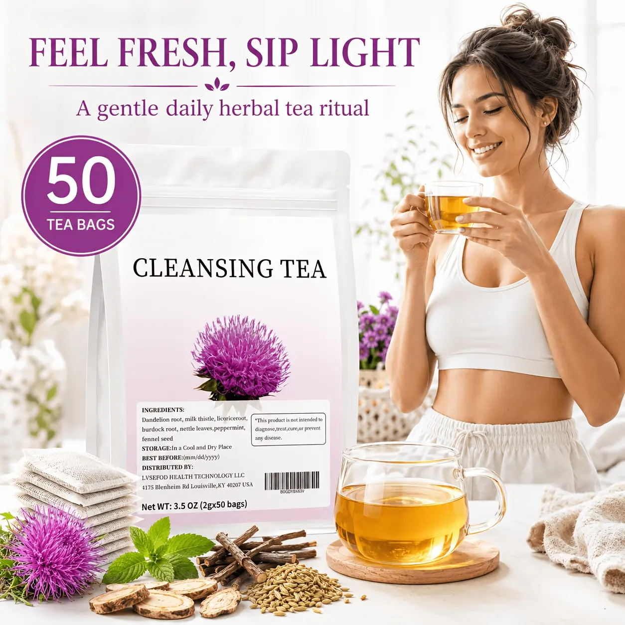 50 Bags Pack Herbal Cleansing Tea Suitable for Afternoon Tea - Dandelion Root, Licorice Root, Peppermint, Burdock Root & Nettle Leaf Blend, Caffeine-Free Tea Bags, No Additives, Healthy Gift for & Digestive