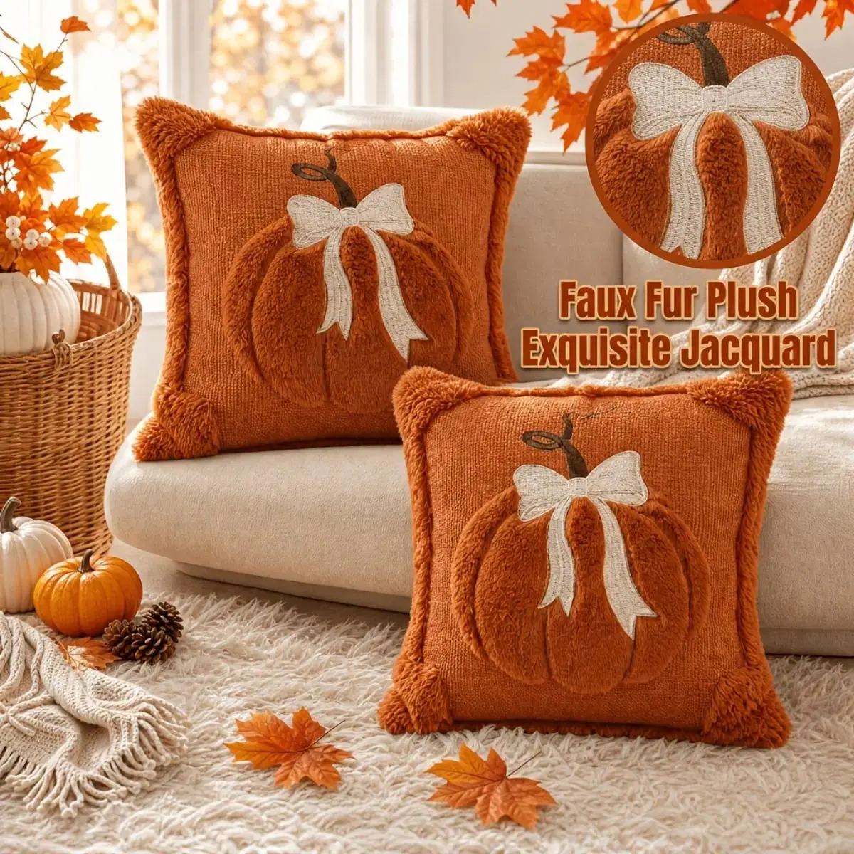 2-Pack 3D Pumpkin Throw Pillow for Fall Decor, Soft Plush Decorative Cushion with Embroidered Pumpkin Design, Cozy Autumn Home Decor for Sofa Bedroom Halloween Thanksgiving