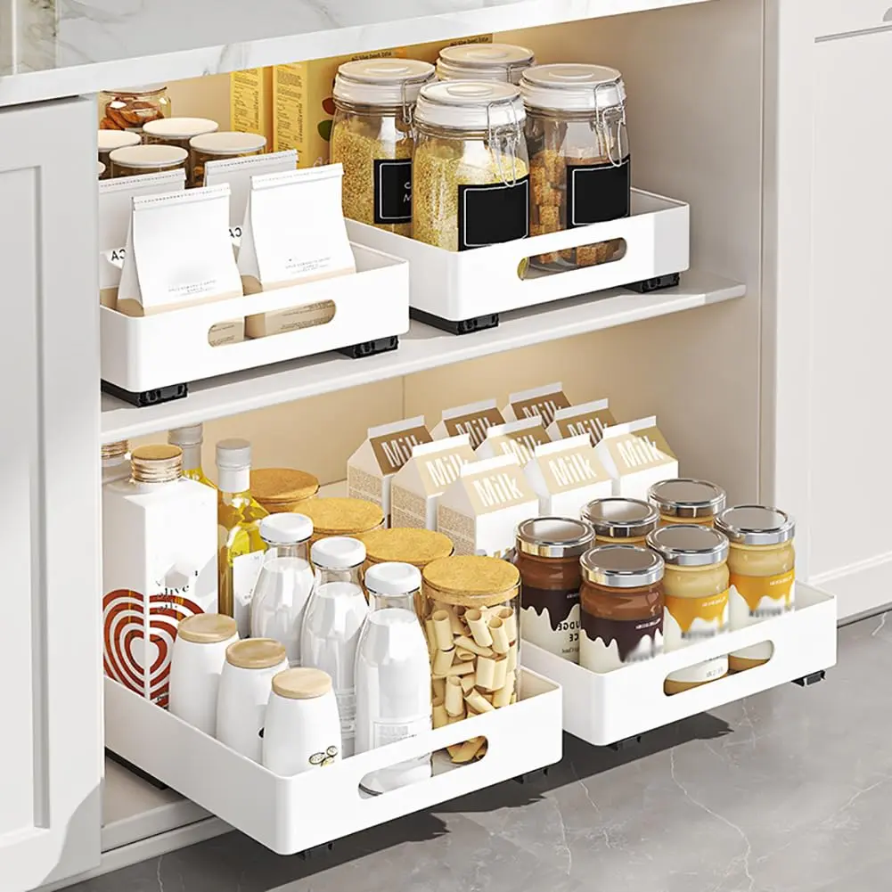 Space-Saving Heavy Duty Pull Out Cabinet Organizer – Expandable Slide Out Metal Drawer with Handle – Easy Adhesive Installation – Kitchen, Bathroom, Pantry Under Storage, White