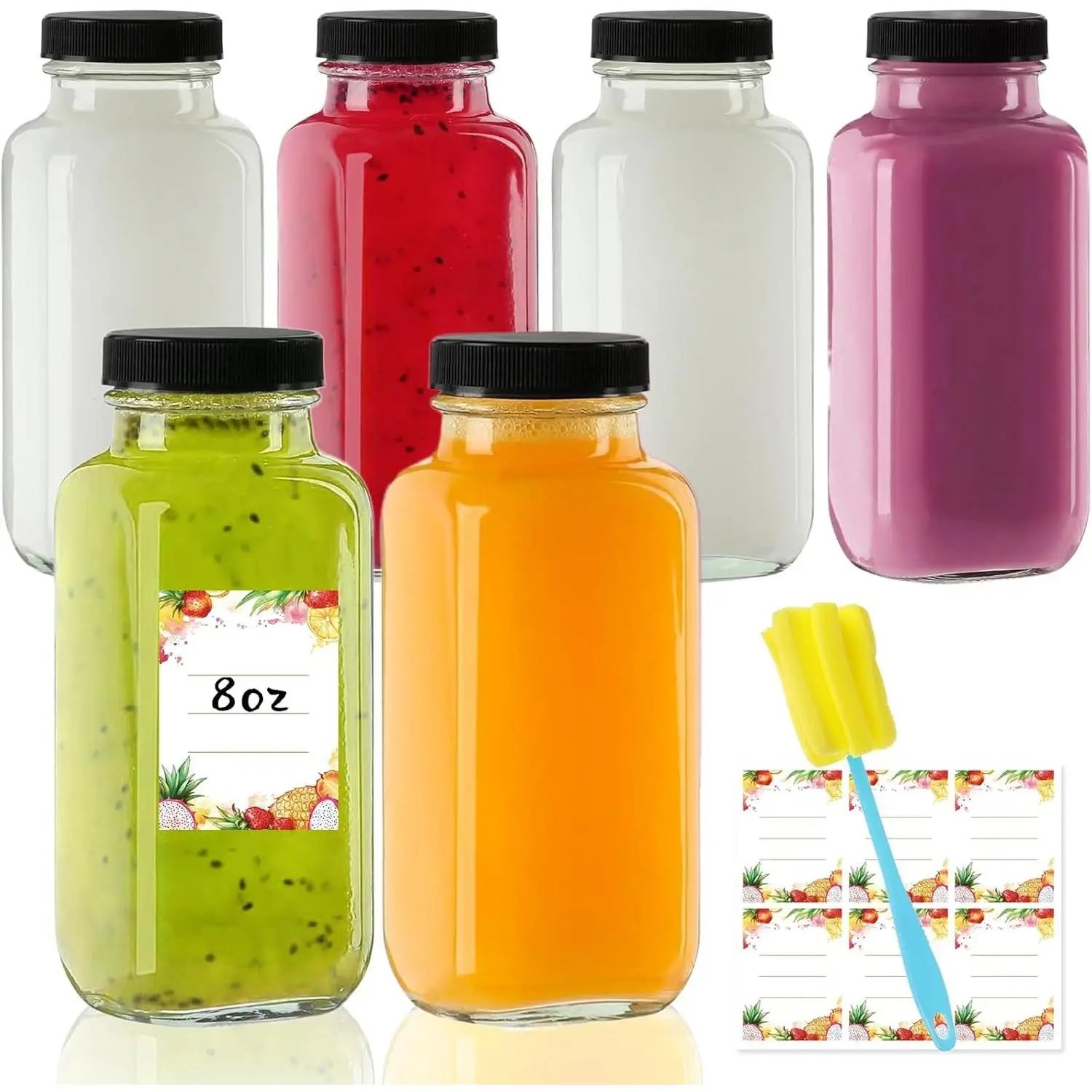 8 oz 6-Pack Glass Juice Bottles with Lids, Reusable Small Drinking Jars for Green Juices, Shots & Smoothies