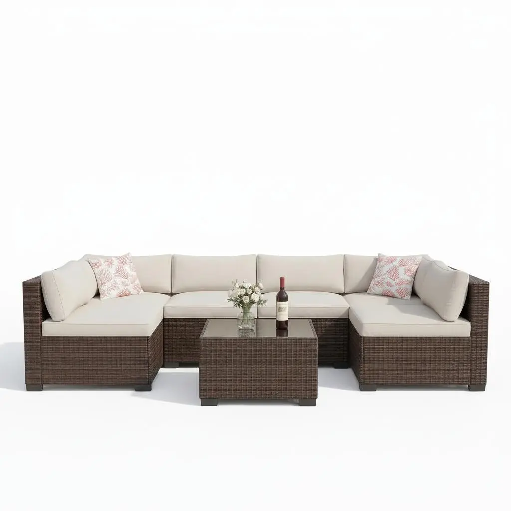 Garvee 7-Piece Durable Outdoor Furniture Set - Waterproof PE Rattan Patio Modular Sectional Couch, Patio Conversation Set with Storage Table, Ottoman, Beige Cushions, Wipe Clean All-Weather Garden Seating Group, Outdoor Furniture Sets, 7‑Piece Lounge
