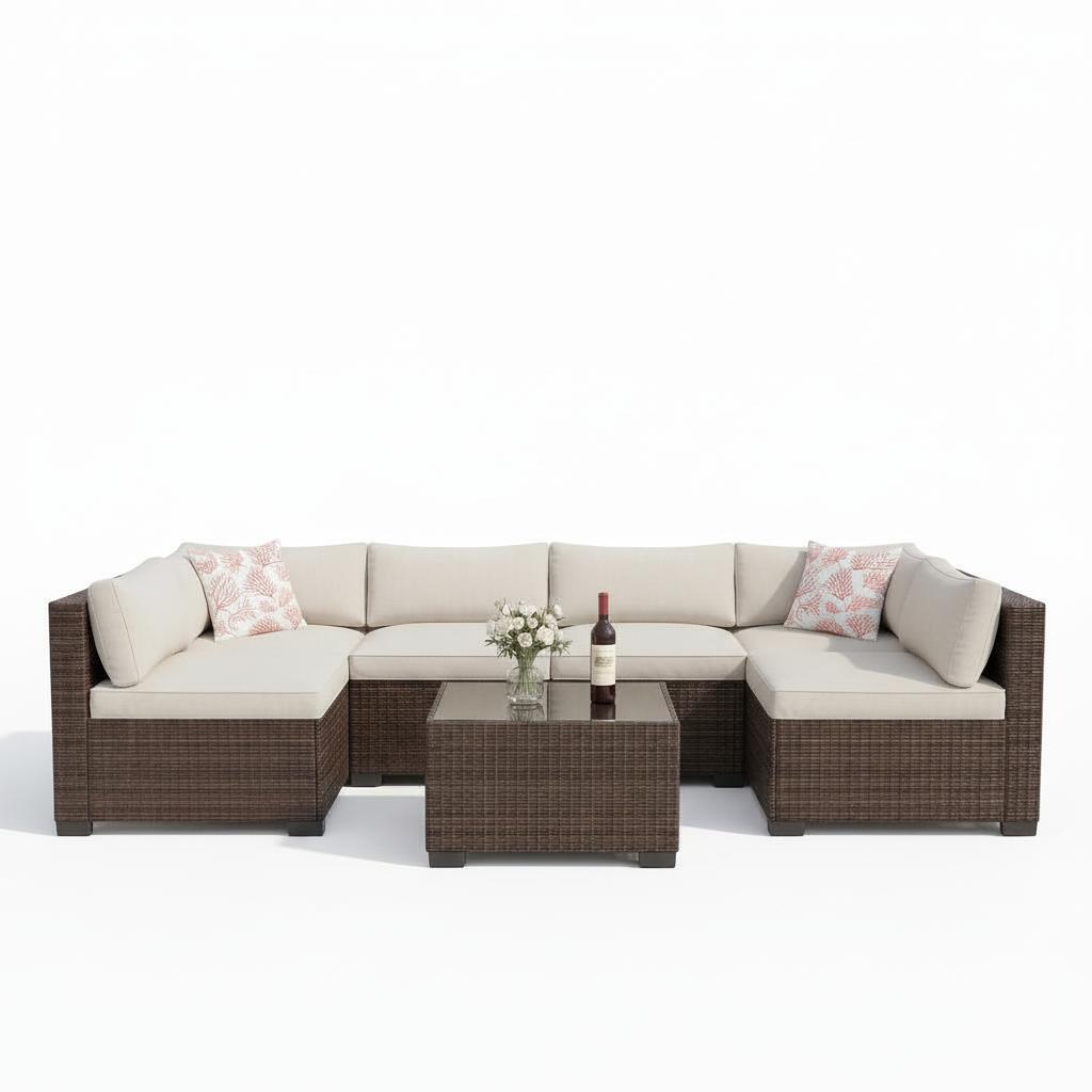 Garvee 7-Piece Durable Outdoor Furniture Set - Waterproof PE Rattan Patio Modular Sectional Couch, Patio Conversation Set with Storage Table, Ottoman, Beige Cushions, Wipe Clean All-Weather Garden Seating Group, Outdoor Furniture Sets, 7‑Piece Lounge