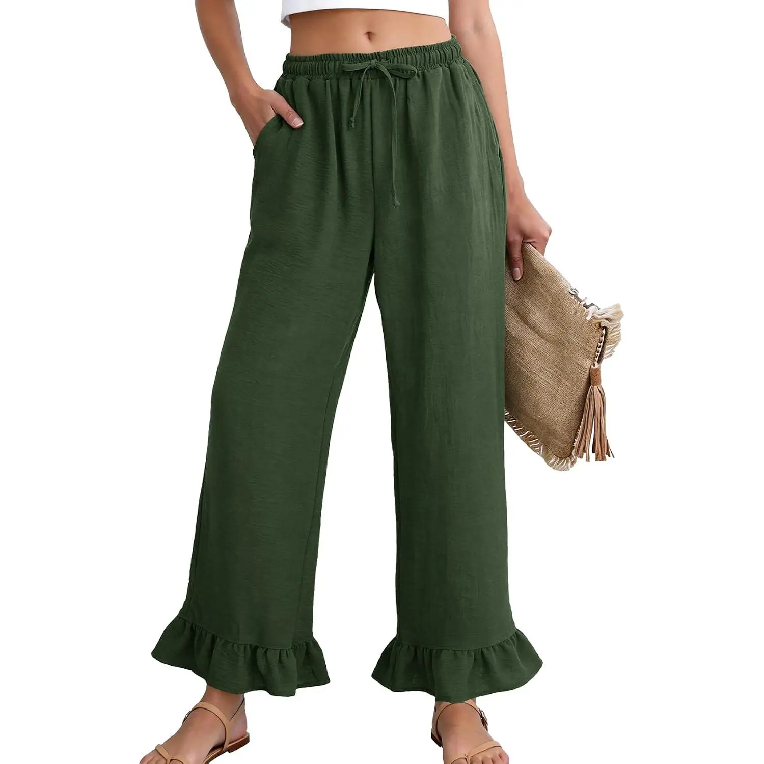 Women Wide Leg Palazzo Pants Summer Ruffled High Elastic Waisted Flowy Pants Casual Pleated Beach Trousers with Pockets