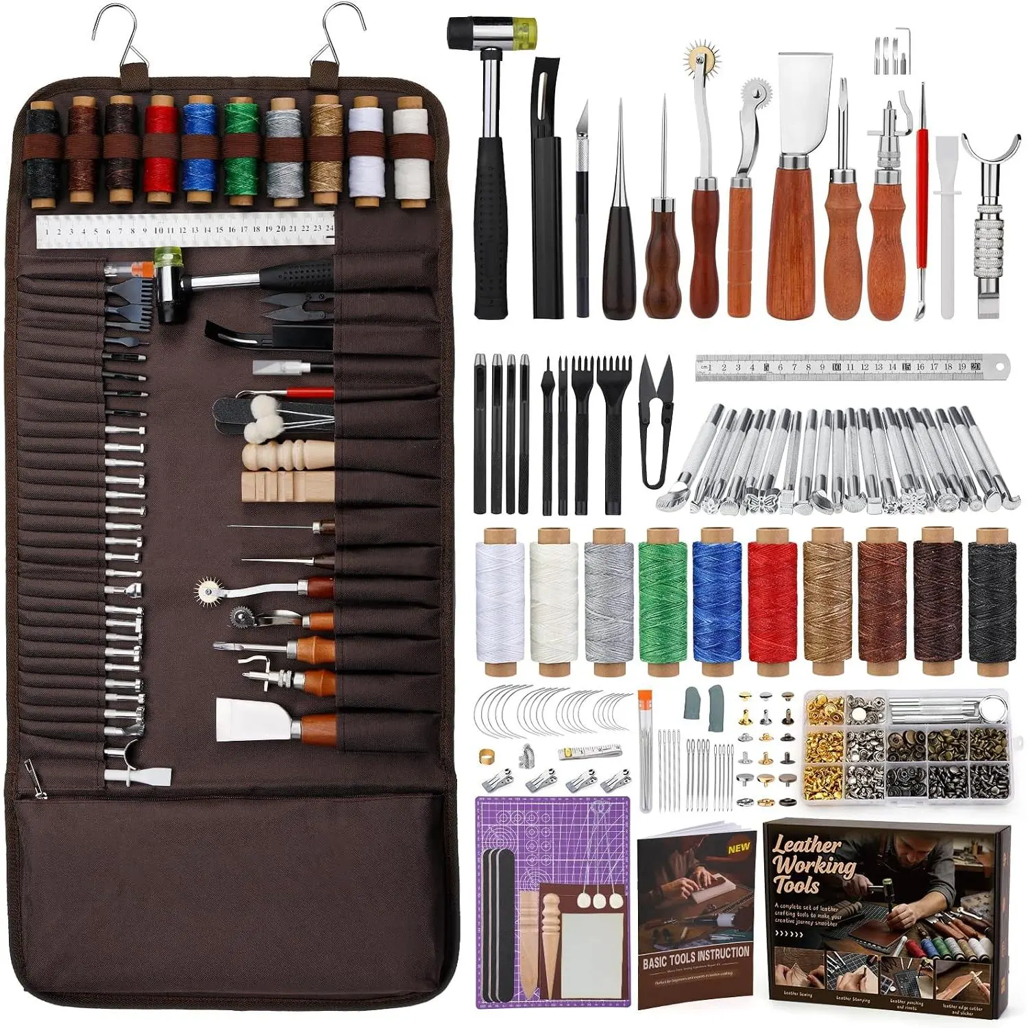 Leather Working Tools,  in  Leather Tooling Kit, Complete LeatherCraft Kit with Storage Bag, Stamping Tools for Sewing, Carving, Punching Stamping for Making and Handicrafts