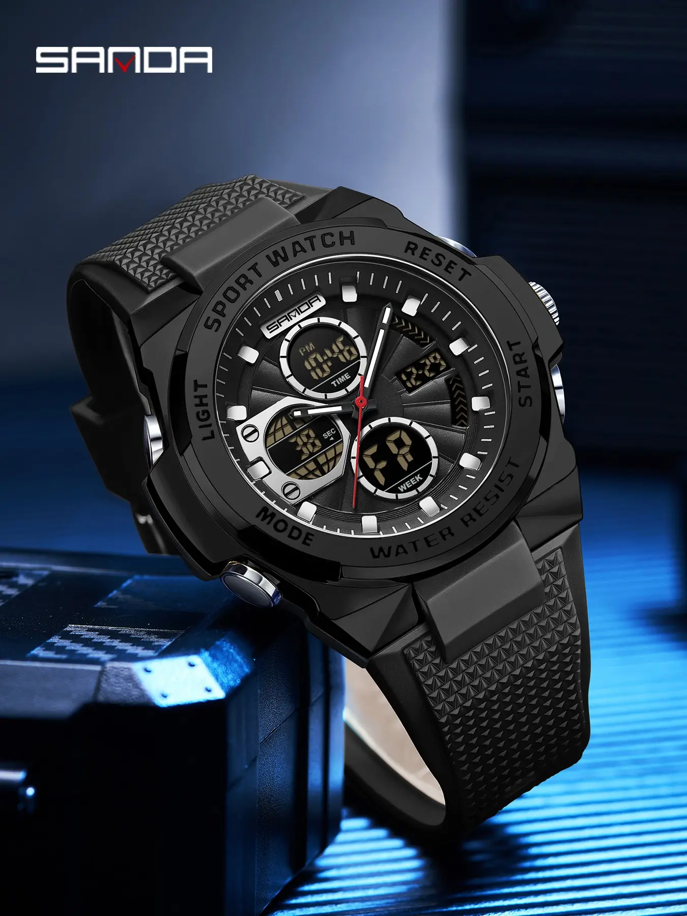 Men's Electronic Watch Sanda3378, Sports Multifunctional Dual Display, Waterproof Night Light Alarm Clock, Student Watch