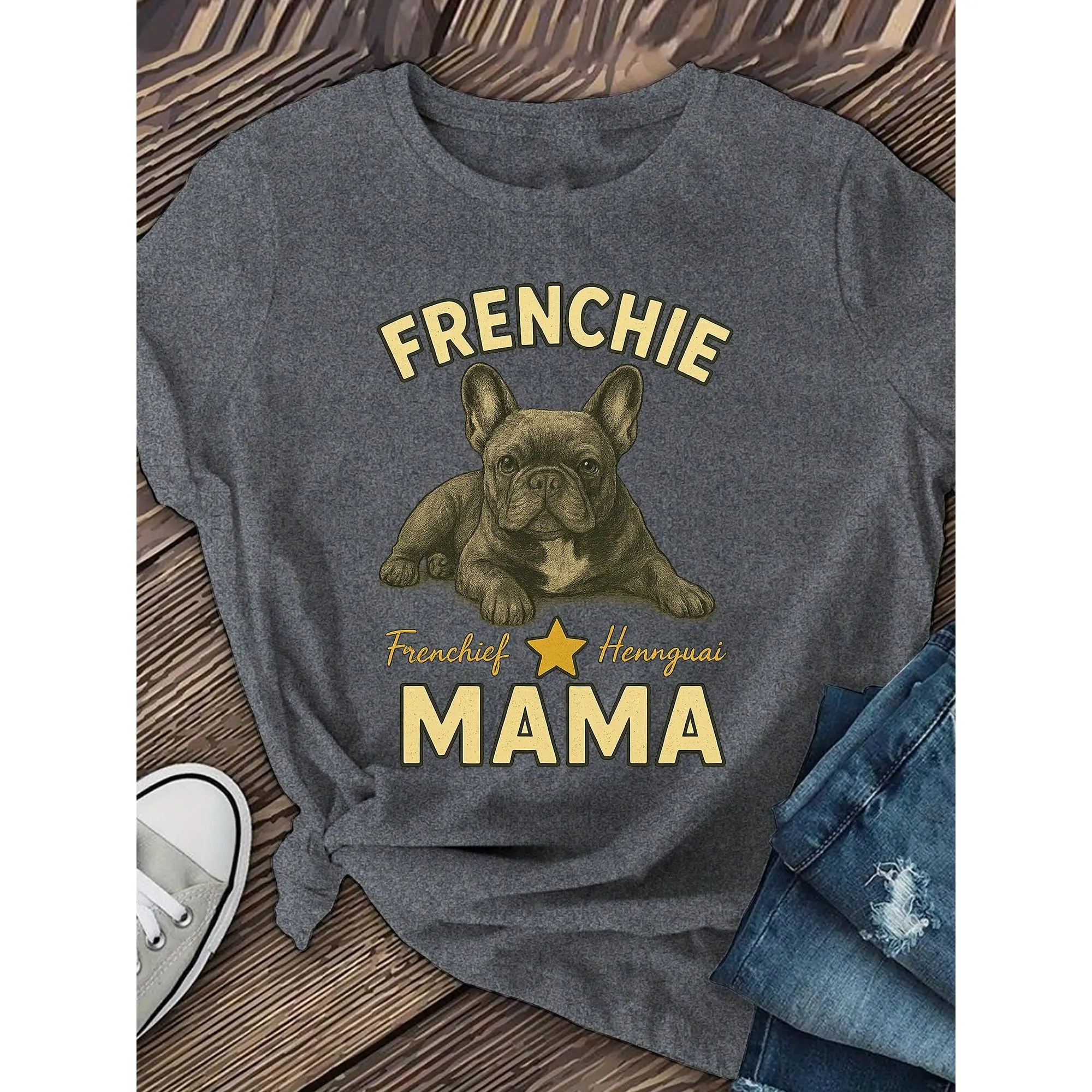 Women's Short Sleeve French Bulldog Mom Cartoon Graphic T-Shirt - Grey, Multi-Size, XXL, Round Neck, Medium Stretch, Machine Washable Casual Sports Top for Spring, Summer, Female Tee