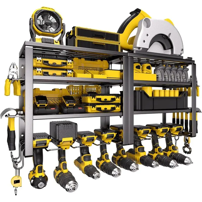 2-Pieces Heavy Duty Power Tool Organizer Wall Mount, 4-Shelf Slots Steel Frame Tool Rack for Drills, Batteries, Garage Workshop Storage