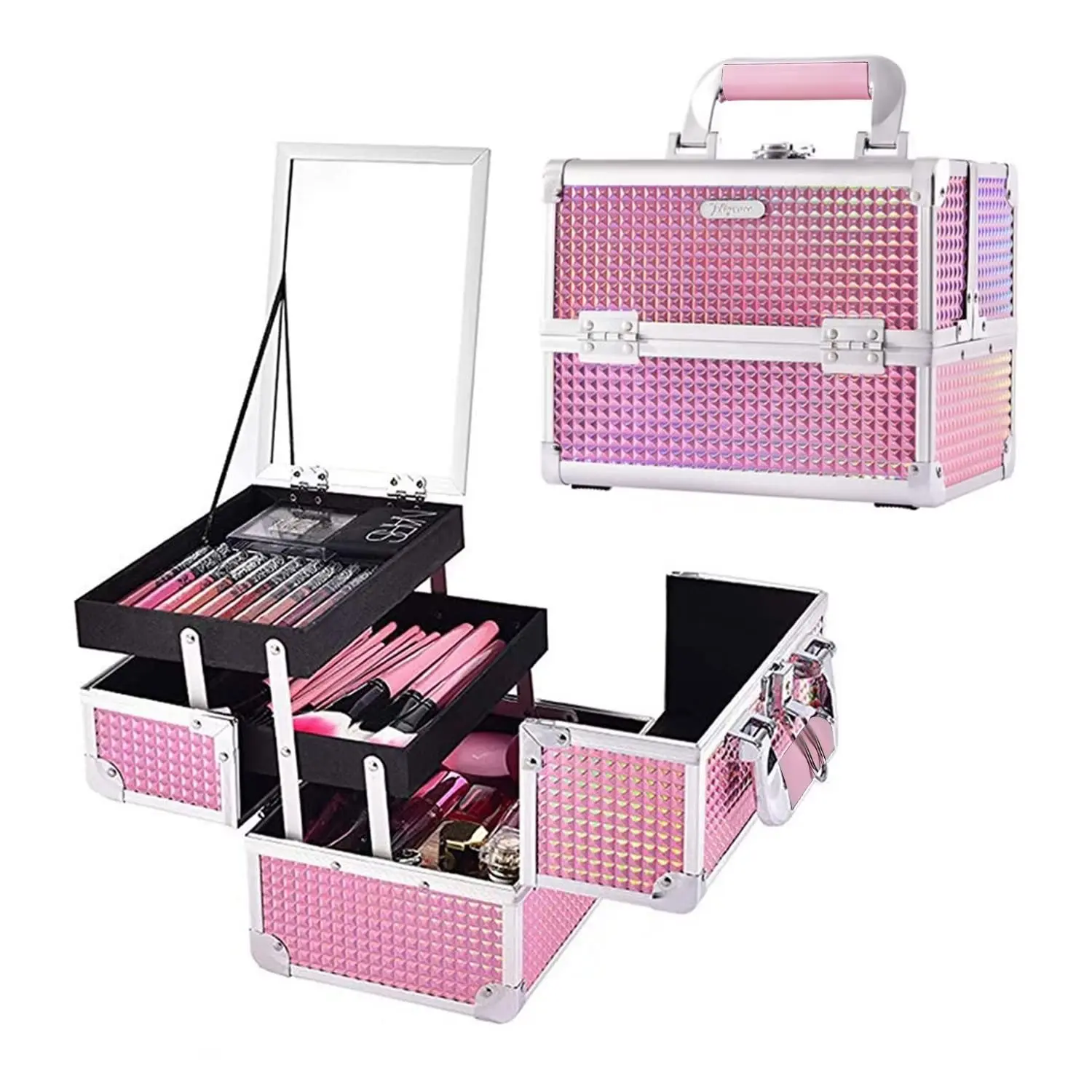 Unicorn Makeup Case Oragnizer Portable Travel Makeup Train case 2 Trays Cosmetic Storage with Mirror Locking for Sewing Craft Cosmetologist Artist Supplies Nail Tech Kits Case Pink Blue