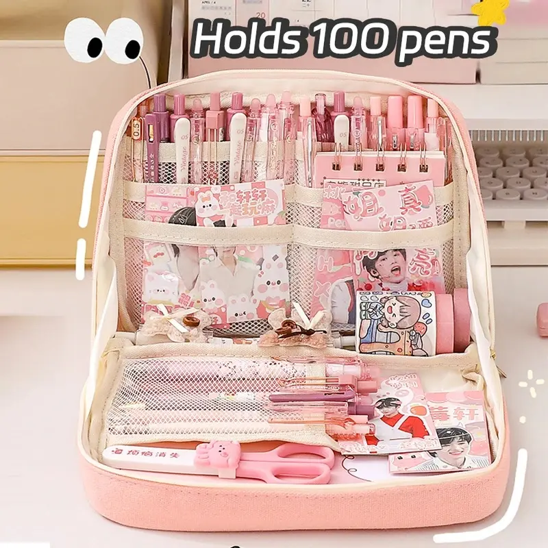 Cute Kawaii Large Capacity Pencil Case, Aesthetic Pencil Pouch Stationery Organizer Bag, Pastel School Supplies Storage, Desk Accessories Gift for Girls Teens