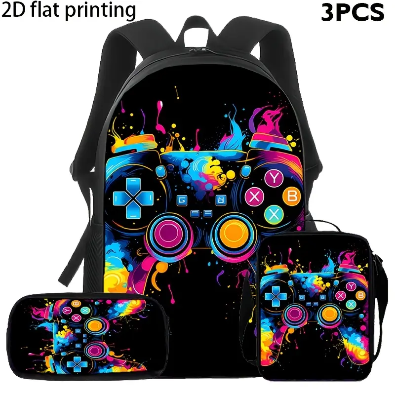 Color Splash Gamer 3-Piece Backpack Set, Video Game Controller School Bookbag with Matching Lunch Bag and Pencil Case, Neon Gaming Backpack for Kids Teens, School Travel Daypack Gift Idea