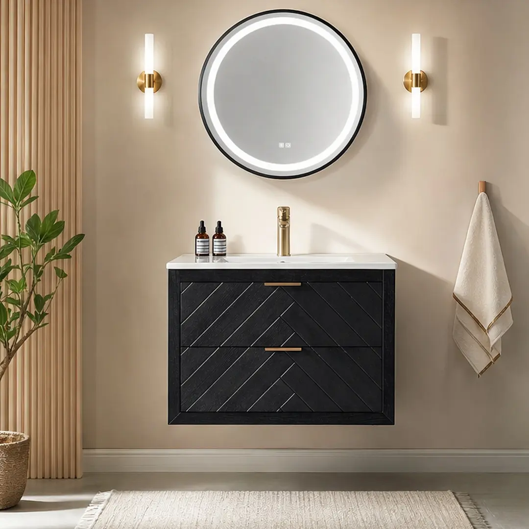 30" Width Wall-Hanging Floating Single Bathroom Vanity Cabinet with Ceramic Sink, Wood & MDF Build, Dual Drawers, Dark Finish, Drawer Organization, Space-Saving, Fully Assembled, Easy Install for Bathroom Upgrade