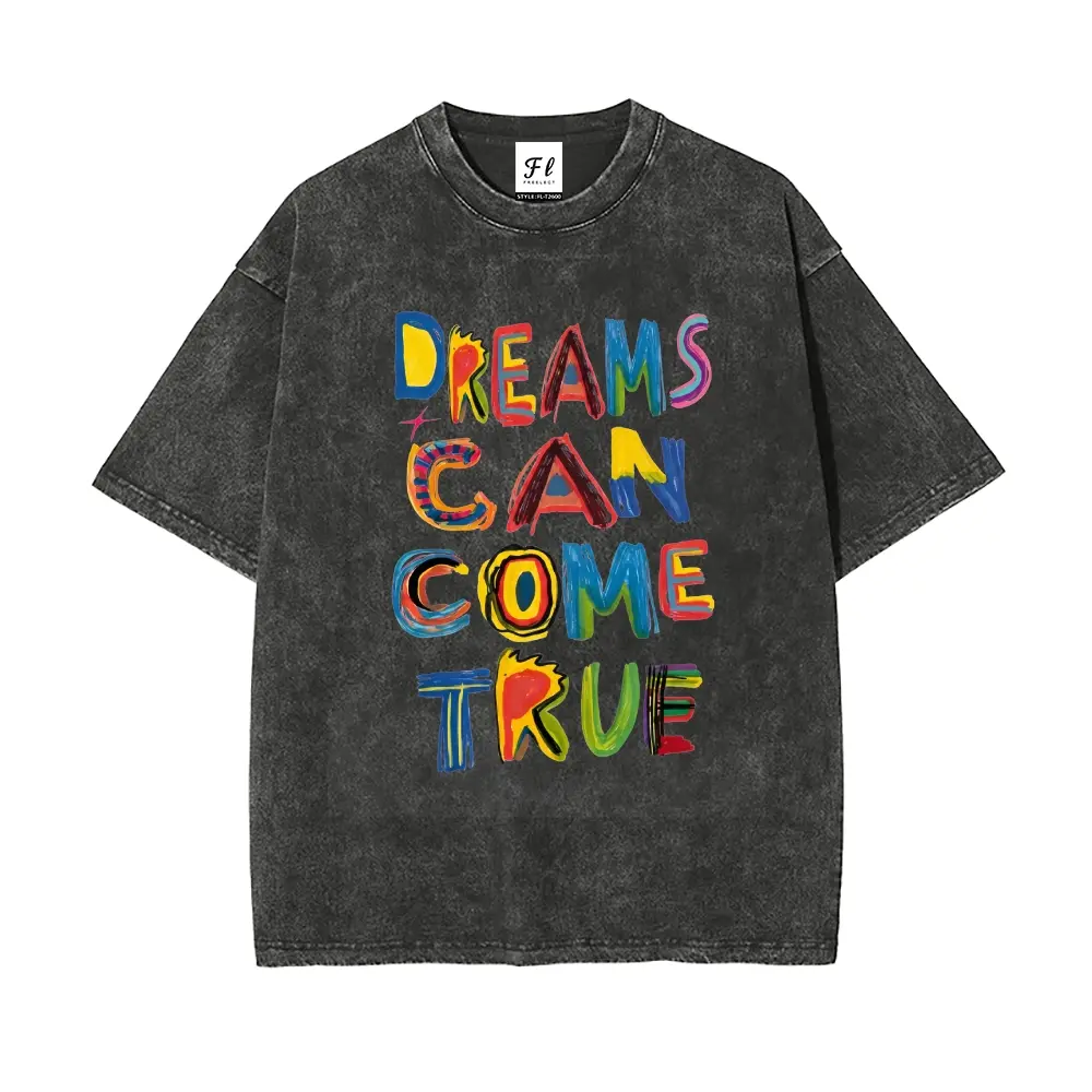 Dreams Can Come True Colorful Graffiti Graphic Shirt Inspirational Quote Washed Distressed Vintage Short Sleeve Crew Neck Top Cotton Tee Oversized Y2K Streetwear Unisex printed