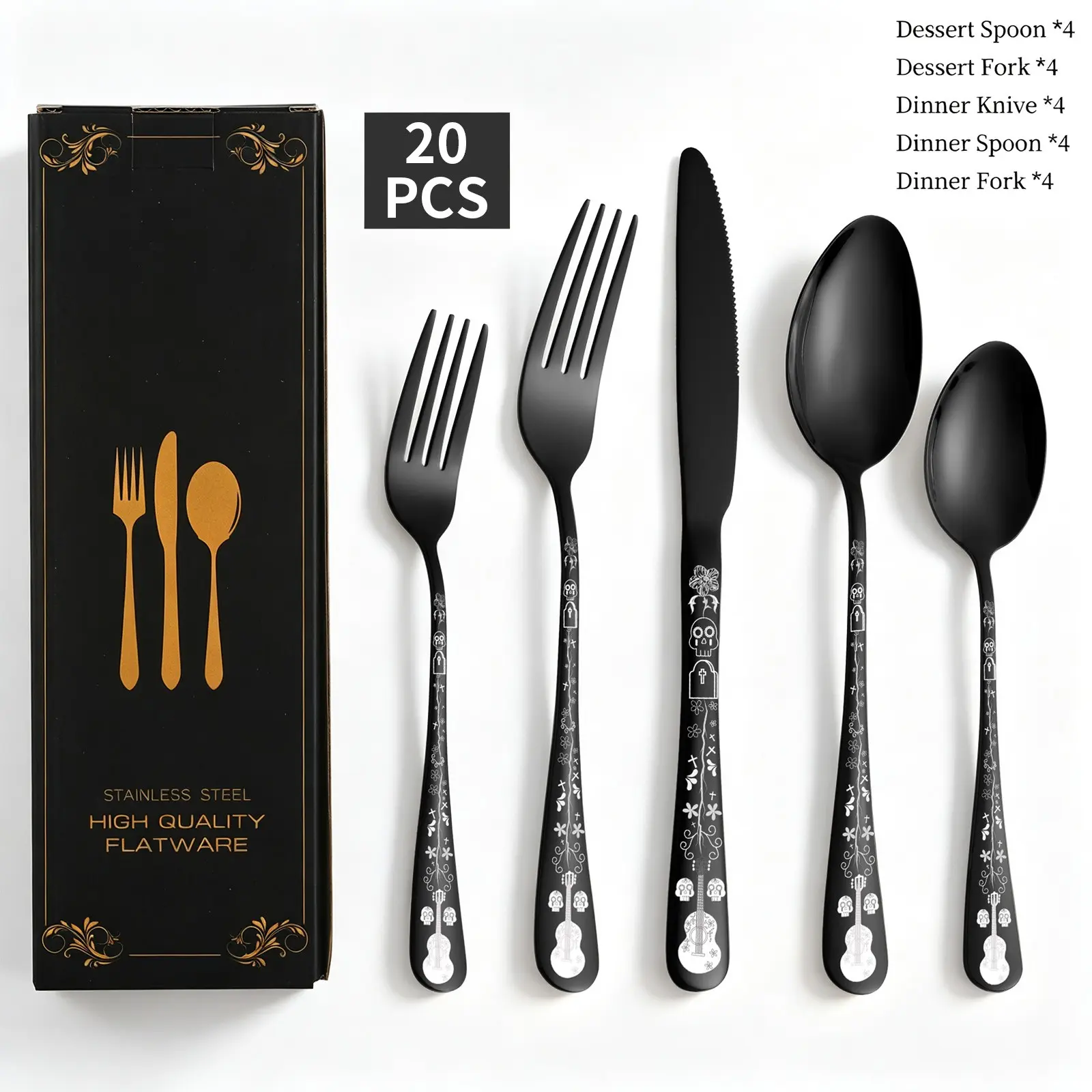 Skull Black Silverware Set for 4, 20-Piece Black Flatware Set, Gothic Skeleton Cutlery for Decoration, Halloween, Christmas, Party, Gift, Housewarming, Tableware