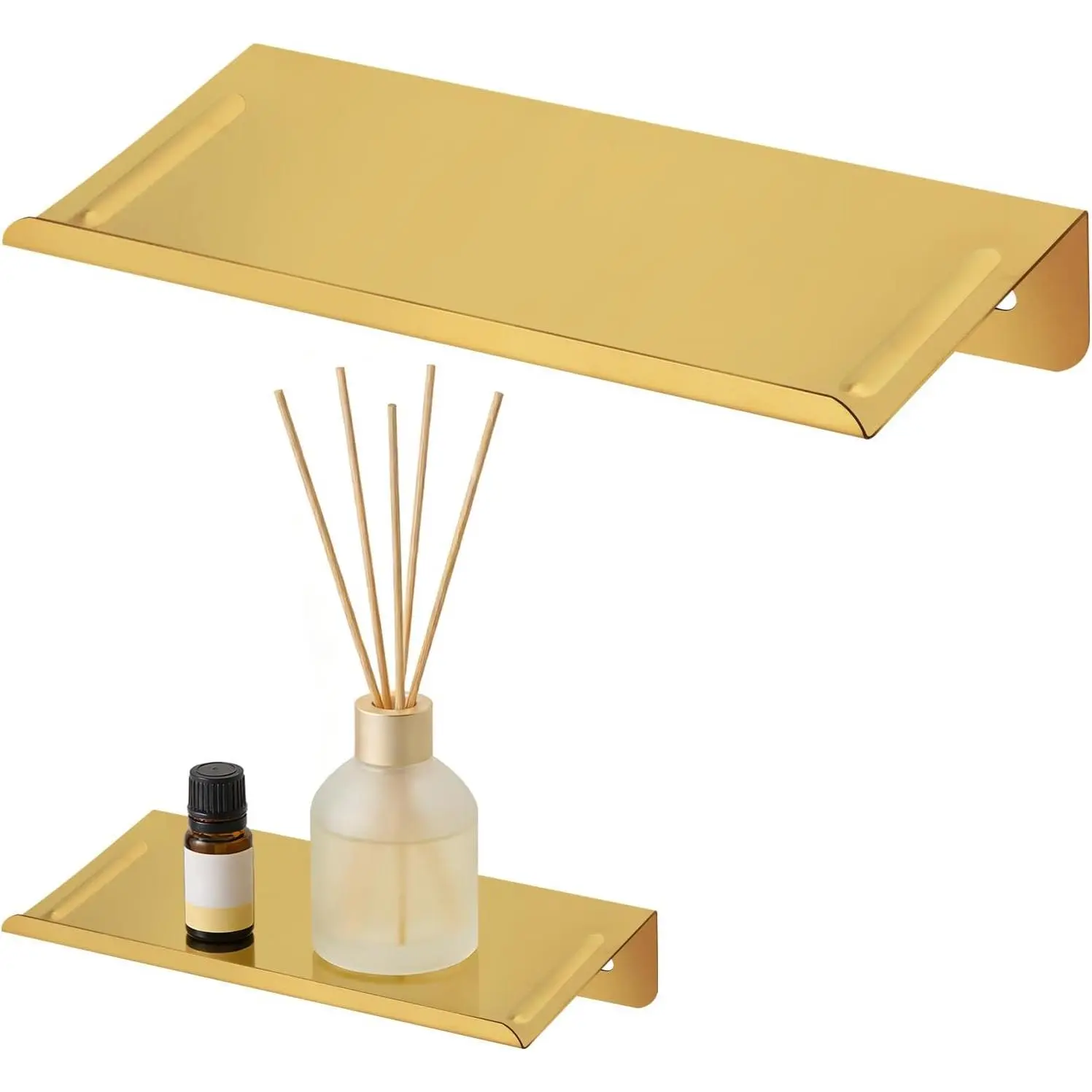 SMILECAT 7inch Small Floating Book Shelves for Wall Storage Set of 2.Wall Mounted Command Shelf for Bathroom,Bedroom,Living Room, Mini Tiny Display Hanging Shelves for Storage/Perfume/Room Decor.Gold