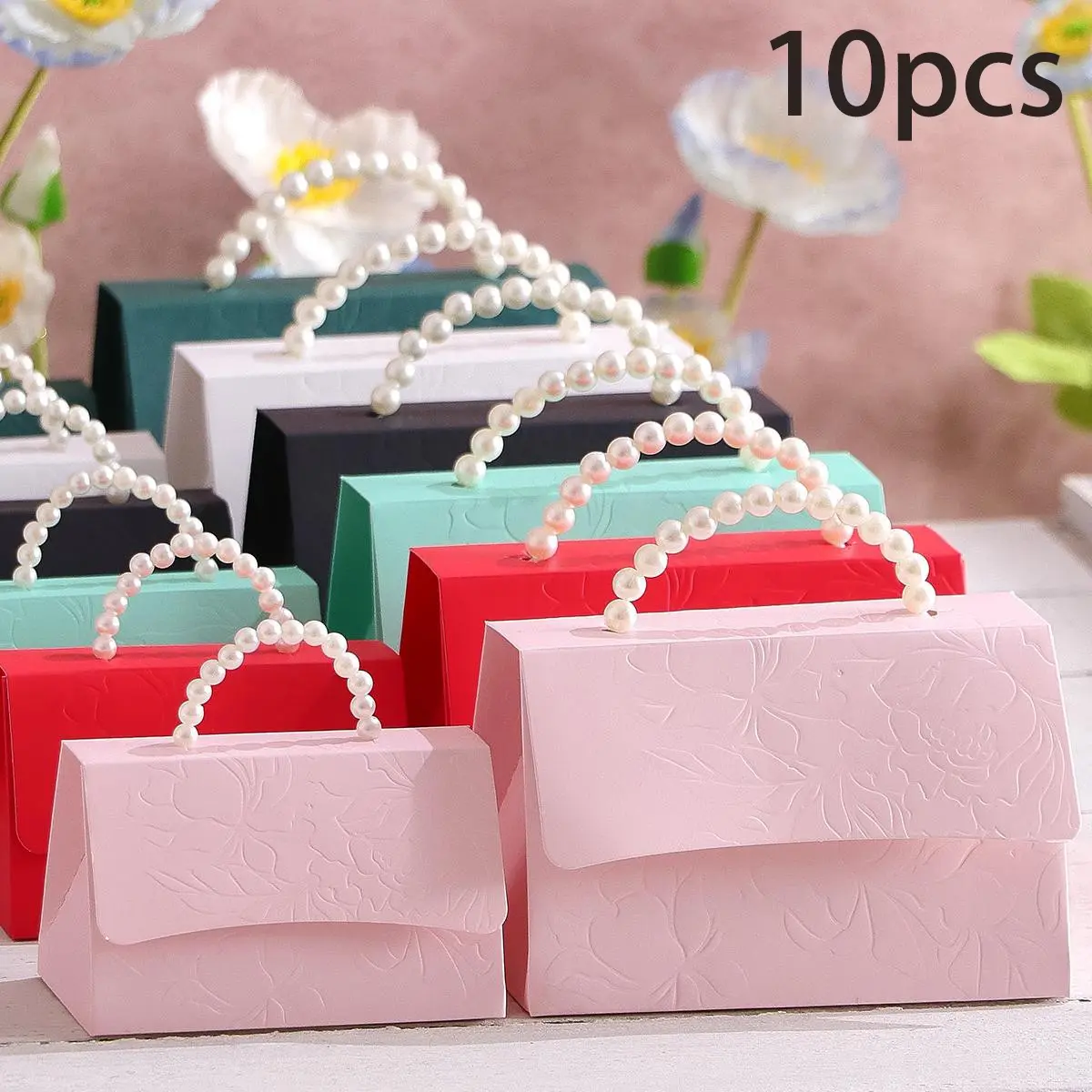 Embossed Floral Pattern Gift Box with Faux Pearl Handle, 10pcs/set Elegant Gift Box for Wedding, Anniversary, Party, Gift Wrapping Supplies, Flower Gift Box, Classy Gift Box, Beautiful Gift Box, Elegant Packaging