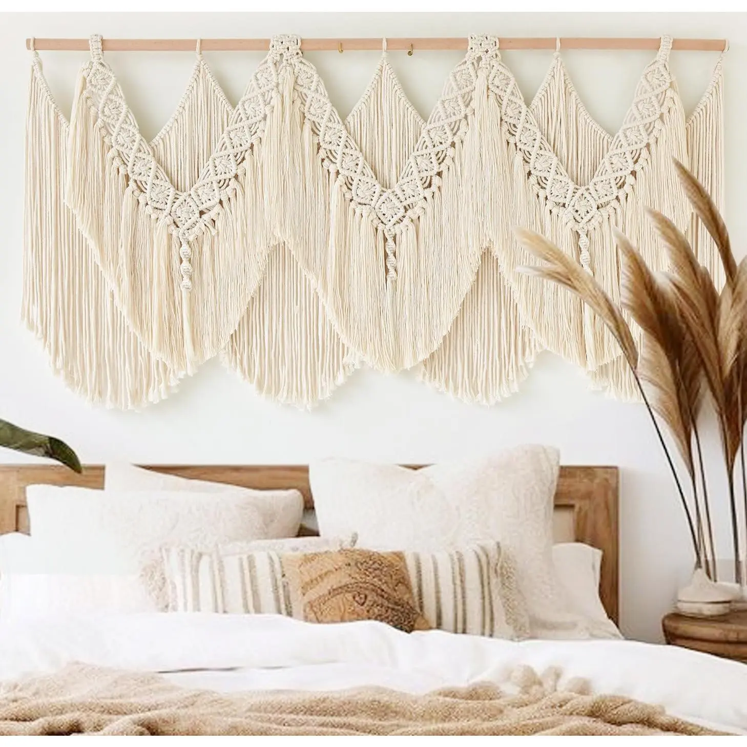 Handmade Cotton Rope Macrame Wall Hanging Tapestry - 3 Wooden Rods, Detachable Tassels, Modern Bohemian Fiber Art Wall Decor, 47" W x 25" L, Wedding & Dorm Room Accent with Knotting Craftsmanship